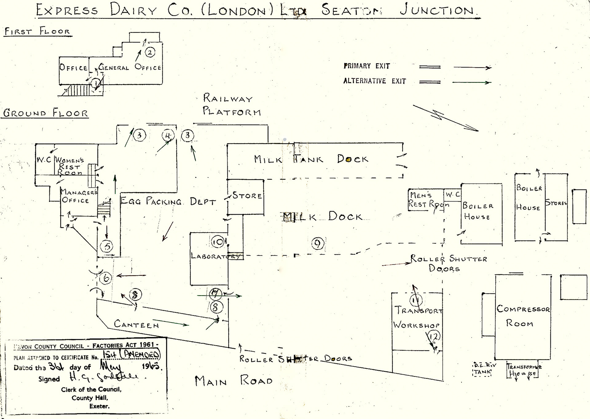 1965 Site plan accompanying Fire Certificate issued by Devon County Council. (Courtesy Keith Sweetland)
