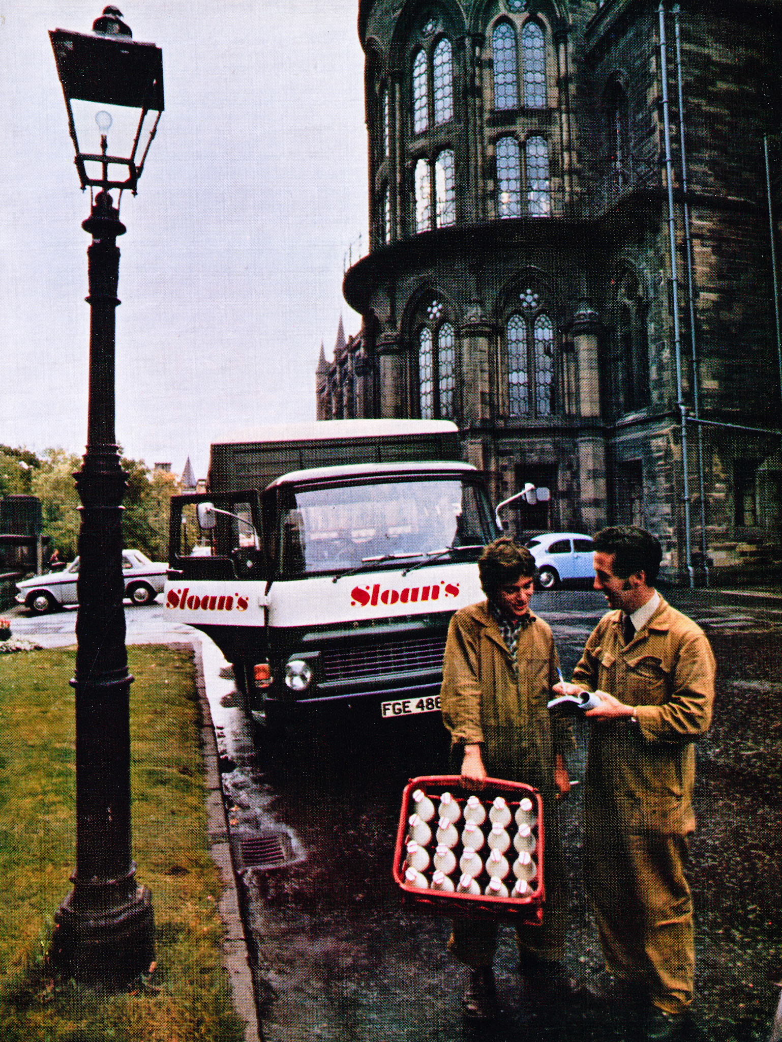 1972 Sloan's Dairies, Glasgow-Steve McQuaid and John Kane deliver to the University.  (Express News Christmas)