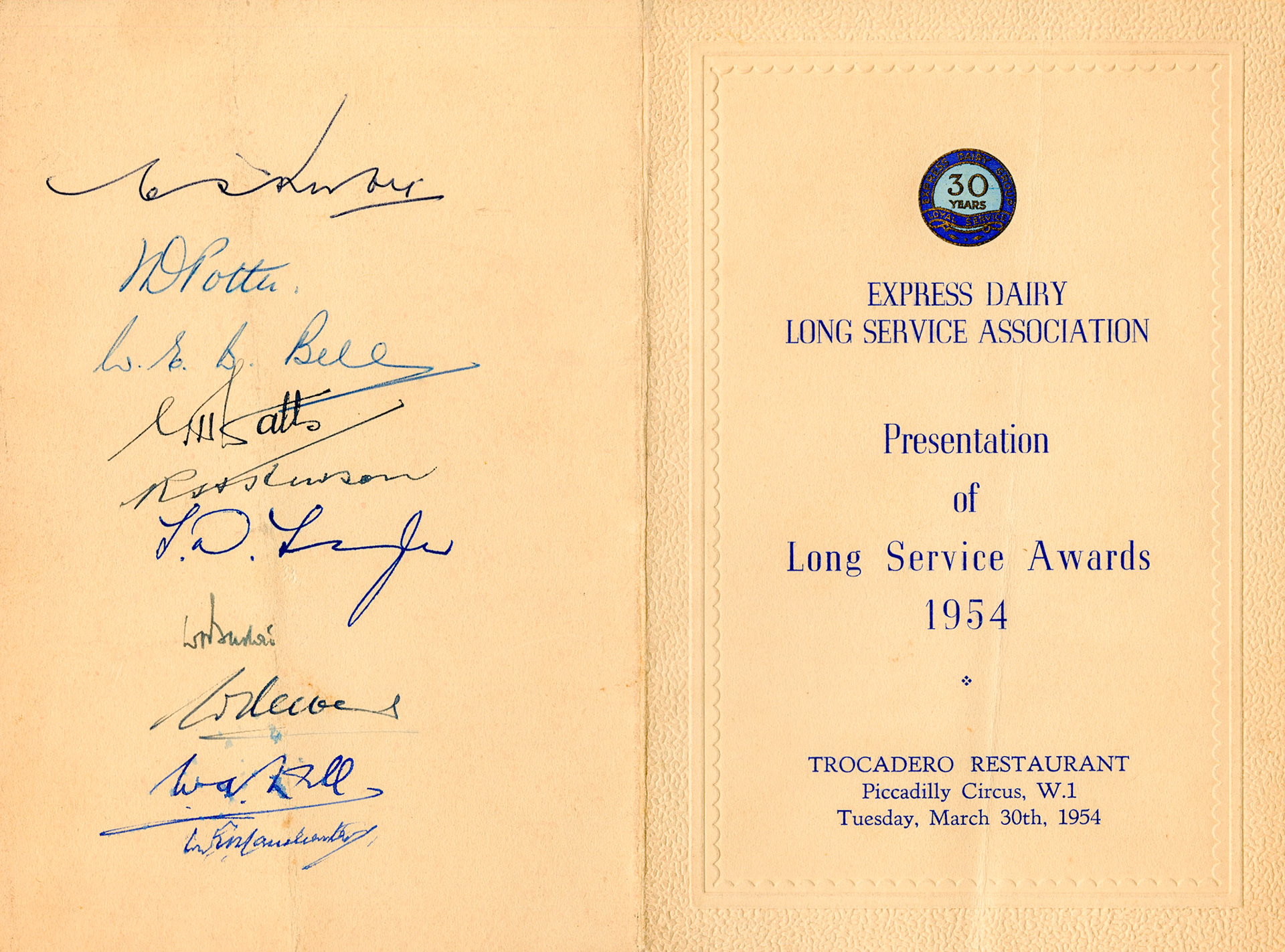 1954 30 year award ceremony at the Trocadero Restaurant, Piccadilly Circus - signed menu (Courtesy Paul Smith)
