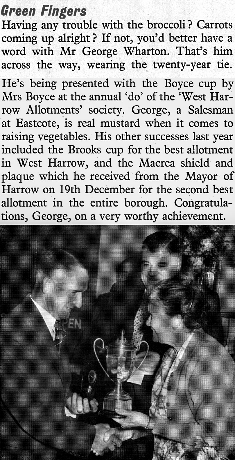 1959 George Wharton from Eastcote wins his local Allotments' Society award for his vegetables. (Express News March)