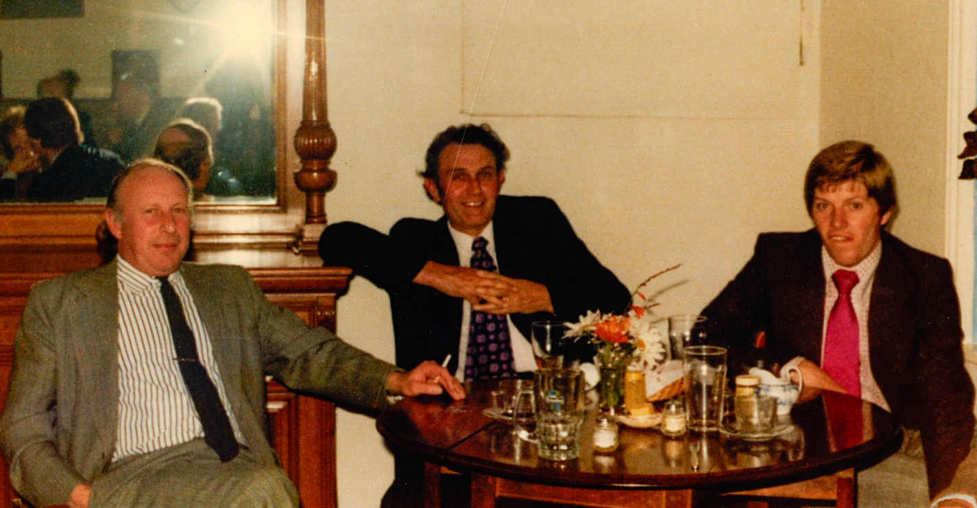 1980 "Tom Jones' retirement party. Patrick Taylor identifies Michael Gurden on the left. Sandra Lewis identifies Ken Trentham in the middle. Ben Samuels identifies Alan Roberts (electrician) on the right. (Courtesy Joe Lyons)