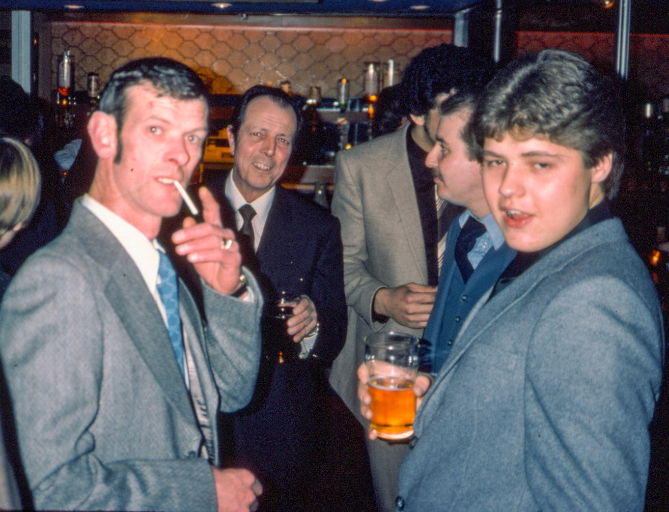 1980 South Morden-Dairy Re-equip staff celebration at Lakeside, Camberley- Mick Speller, Peter Dicks, Albi Charles, Steve Woodford and Keith Godfrey. (Express Dairy Tales collection)