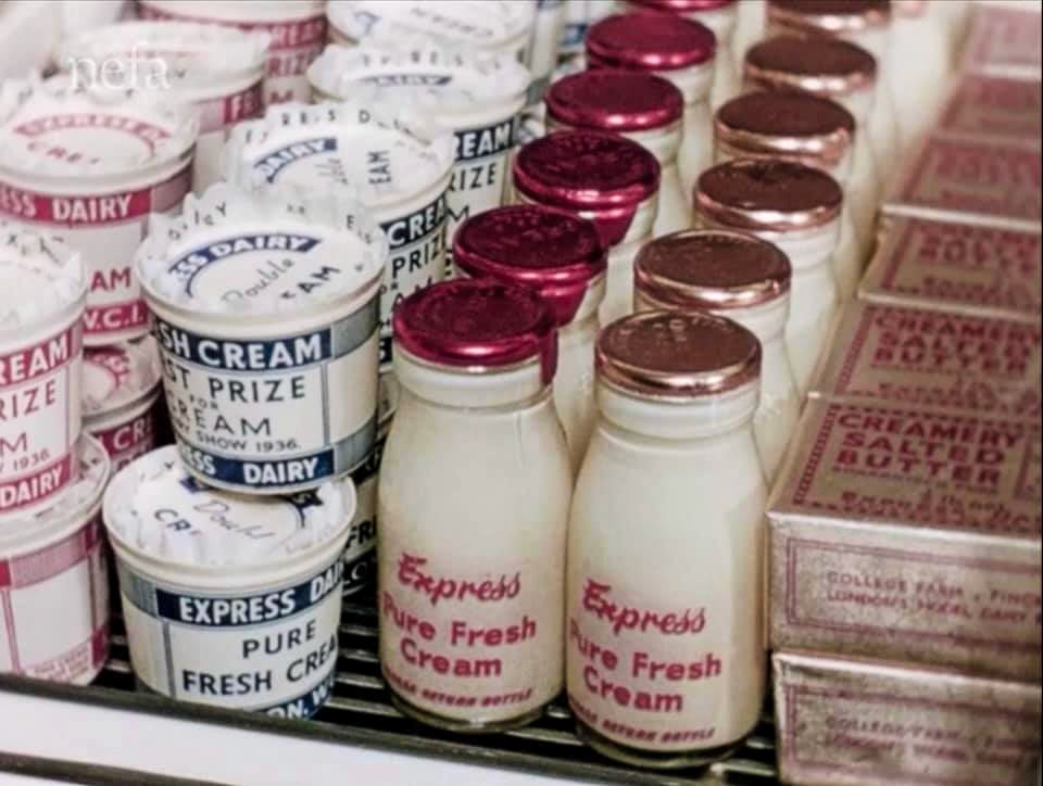1950's Express products in glass and early plastic pots, butter with College Farm address (Courtesy Paul Smith)