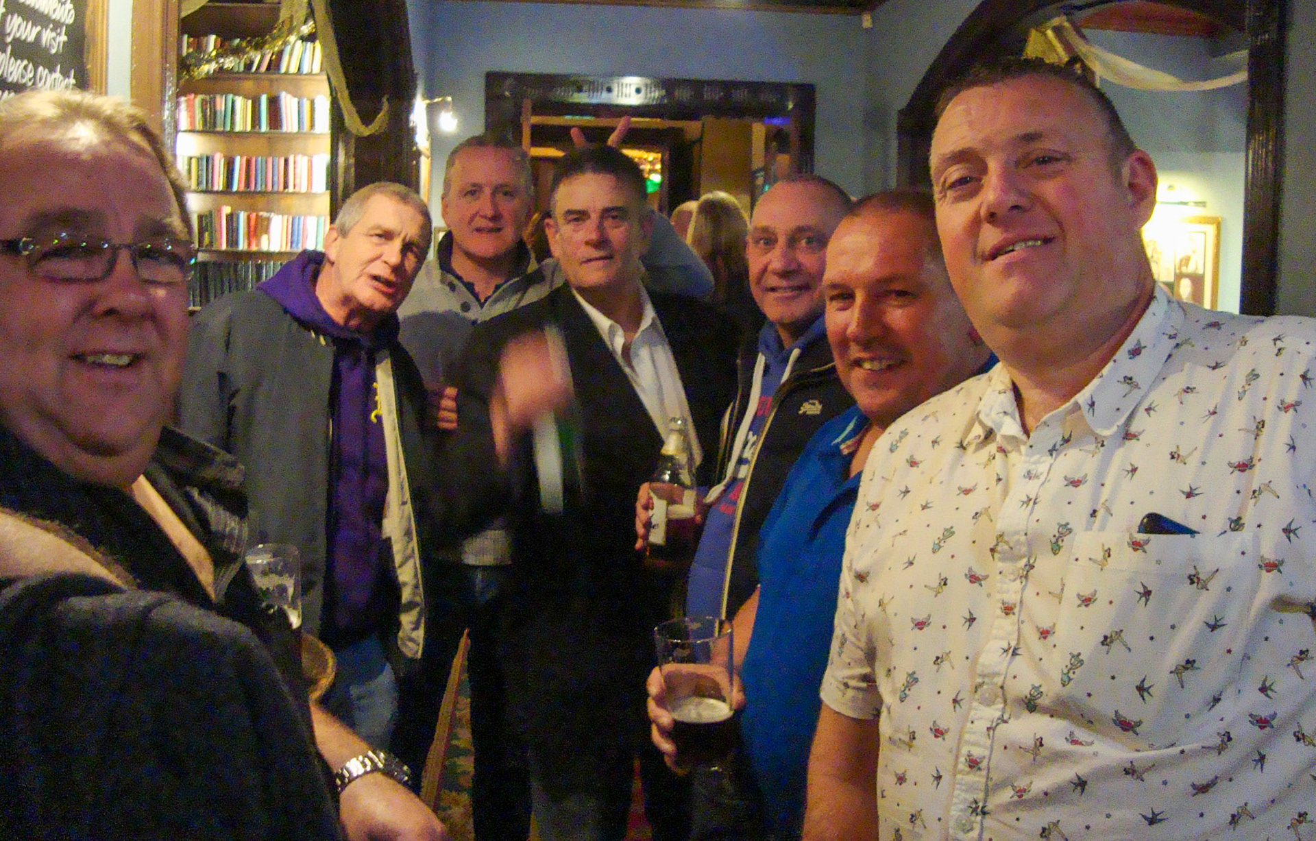 2015 Exeter Staff Reunion. Martin Evans identifies, from L to R: Frank Pile, Paul Harris, Michael Chrichard, Steve Evans, Graham Cann, Adrian Jones and Stuart Hunt. (Courtesy Phillip Budd)