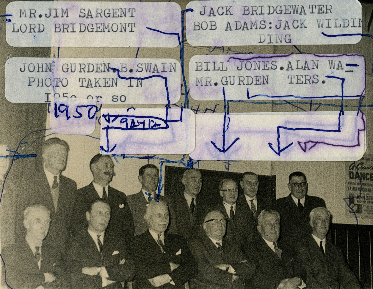 1950's Minsterley Creamery Social Evening " Back Row: Jim Sargeant, Jack Bridgewater, Stevens, Adams, Jack Wilding, Bill Jones. Front row: Ted Grey, John Gurden, Lord Bridgemont, Mr Gurden, A Watkins". Harry Evans comments "Bottom left, my grandad Harry Evans". Wendy Sheffield comments "My Grandad, Bill Jones" (Joe Lyons Collection)