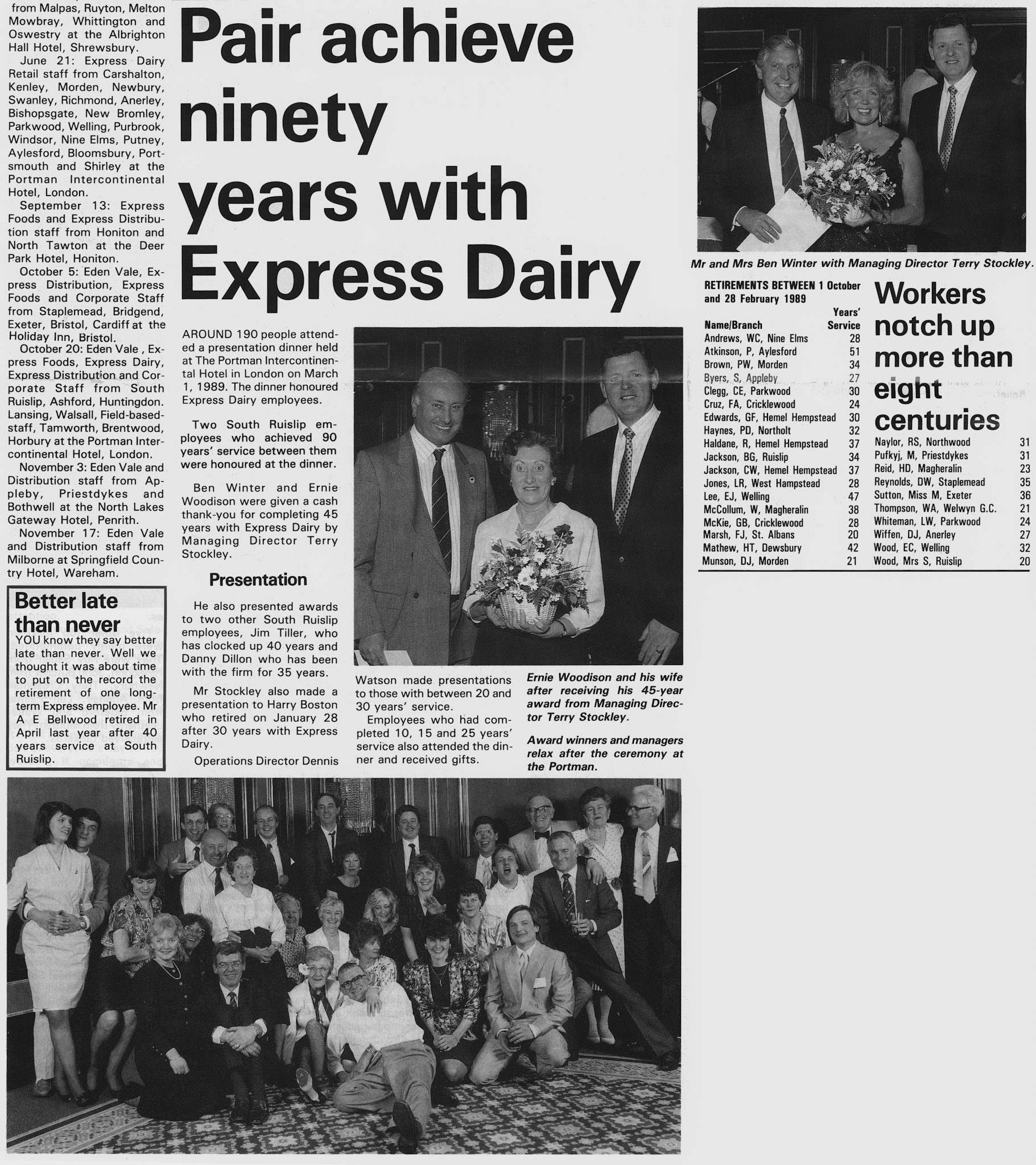 1989  Long Service Dinner awards many London staff who completed 45, 40, 35 and 30 years service - Express Foods News (Courtesy Beryl Purslove)