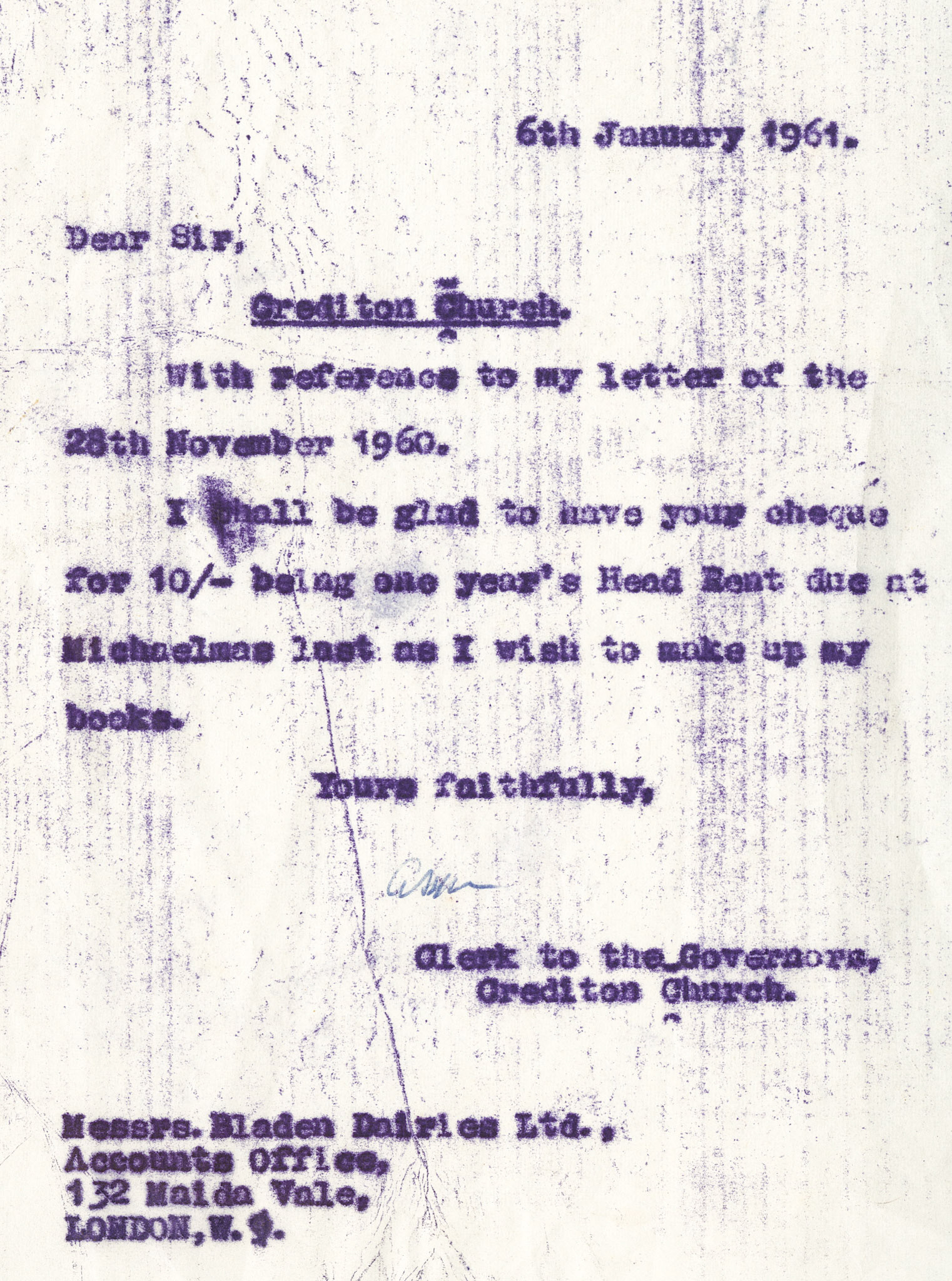 1961 Annual Rent Payment demand from Crediton Church, for £10/ year from  Bladen Dairies Ltd (Courtesy Crediton Museum)