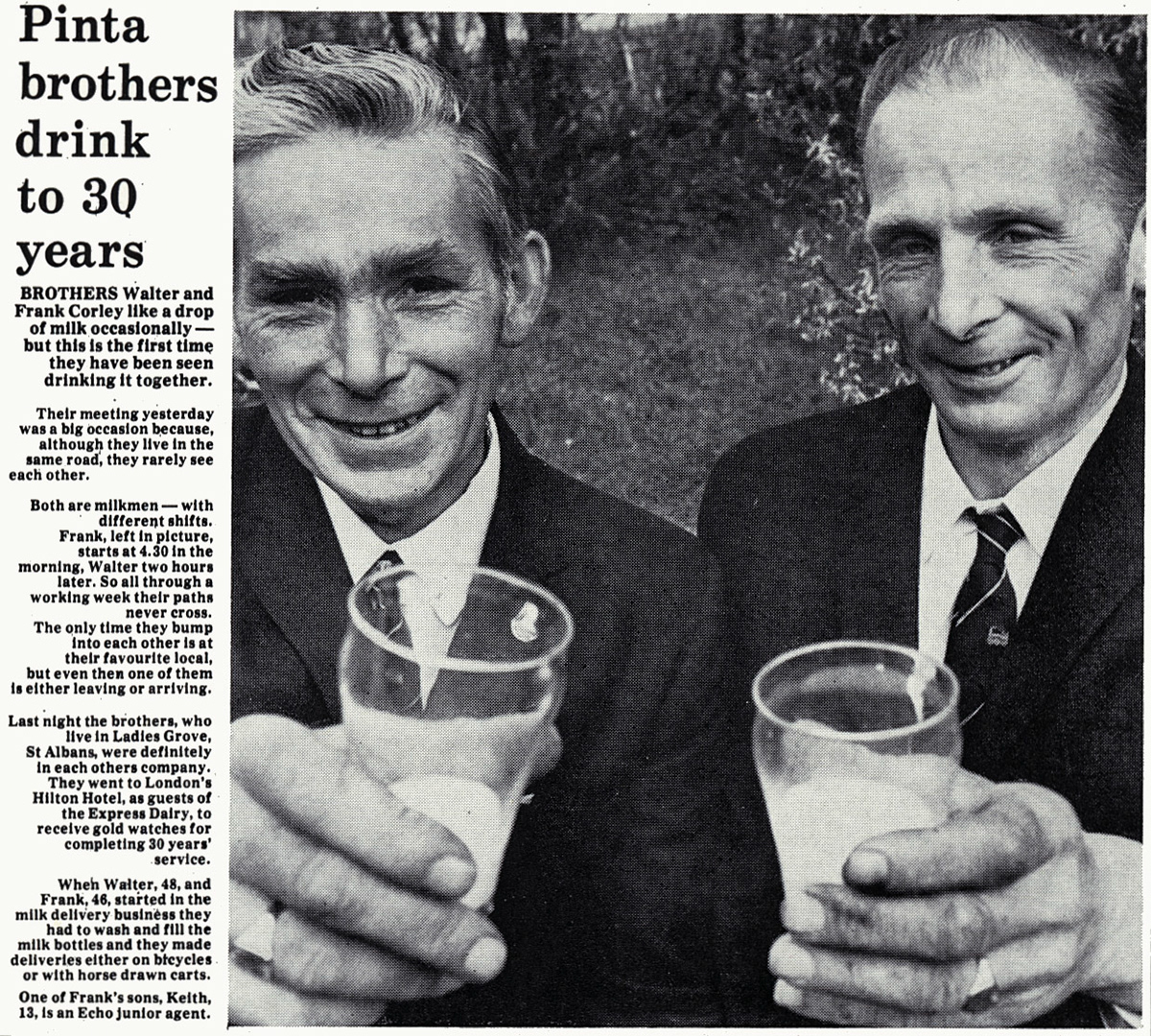 1971 Brothers and St Albans milkmen Walter and Framk Corley receive gold watches for their 30 year awards at the Hilton Hotel.  (Courtesy Doreen Williams)