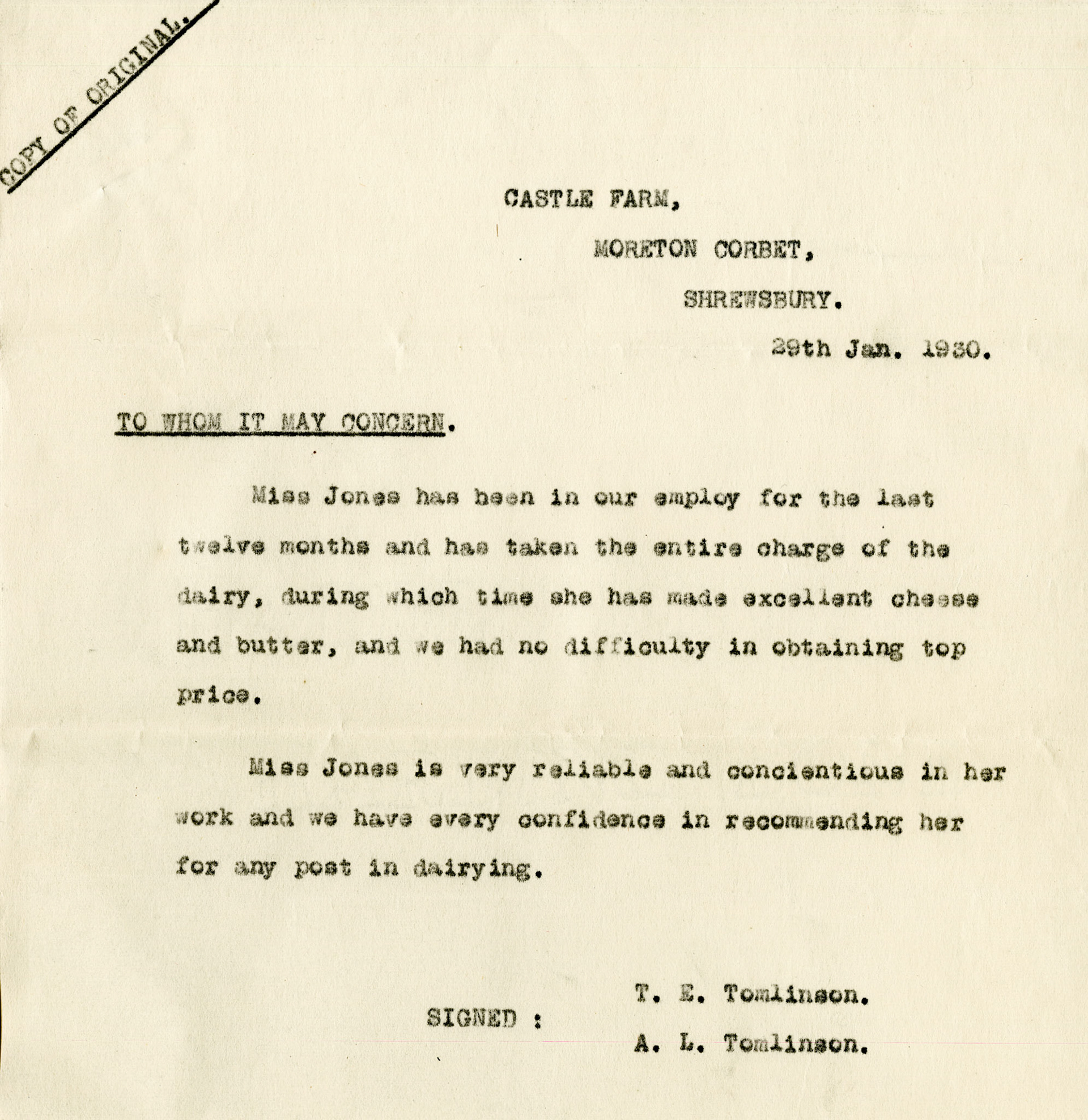 1930 Ruyton Co-operative Dairies-Cheesemaker Job Applications-Miss Emily Elizabeth Jones.