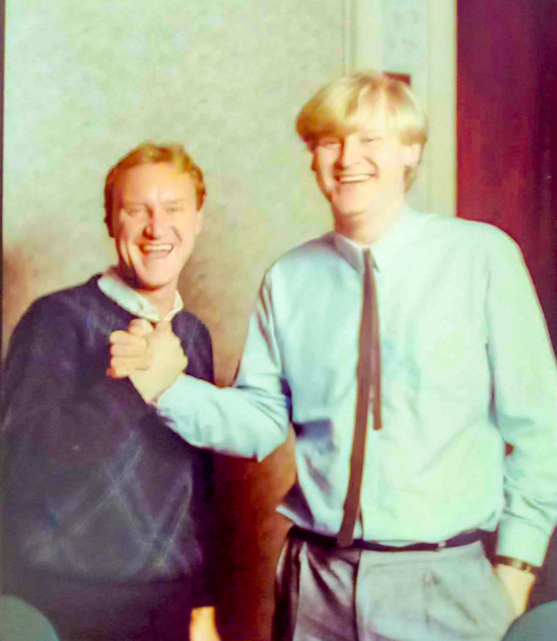 1985/6 South Morden vehicle maintenance-Ralph Phillips on the left with Mark Hills. "Mark started as an apprentice mechanic and became our shop steward in later life, it was taken at the Long Service do-15 years for me and 10 for Mark." (Courtesy Ralph Phillips)