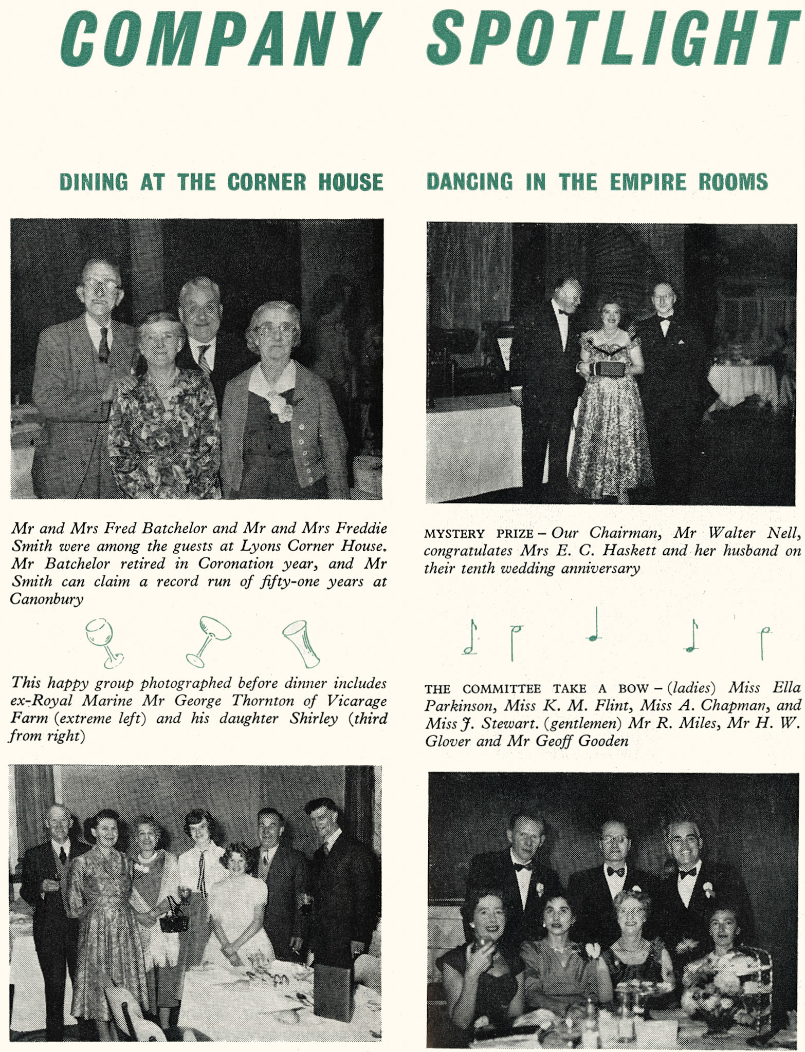 1957 Company dinners at the Lyons Corner House and The Empire Rooms. (Express News March)