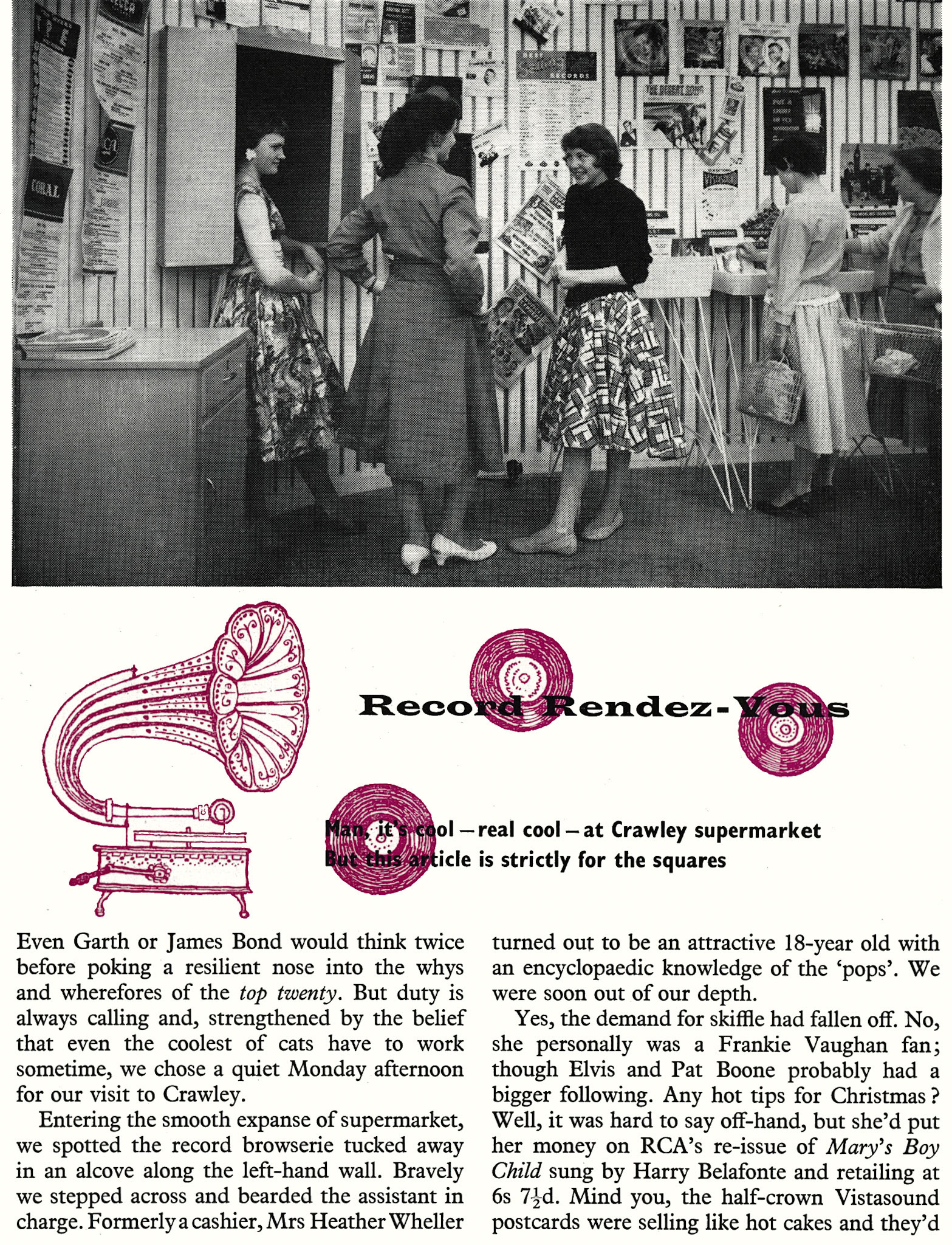 1958 Crawley Supermarket had a 'Record Rendez-Vous' where you could browse and buy records. (Express News December)