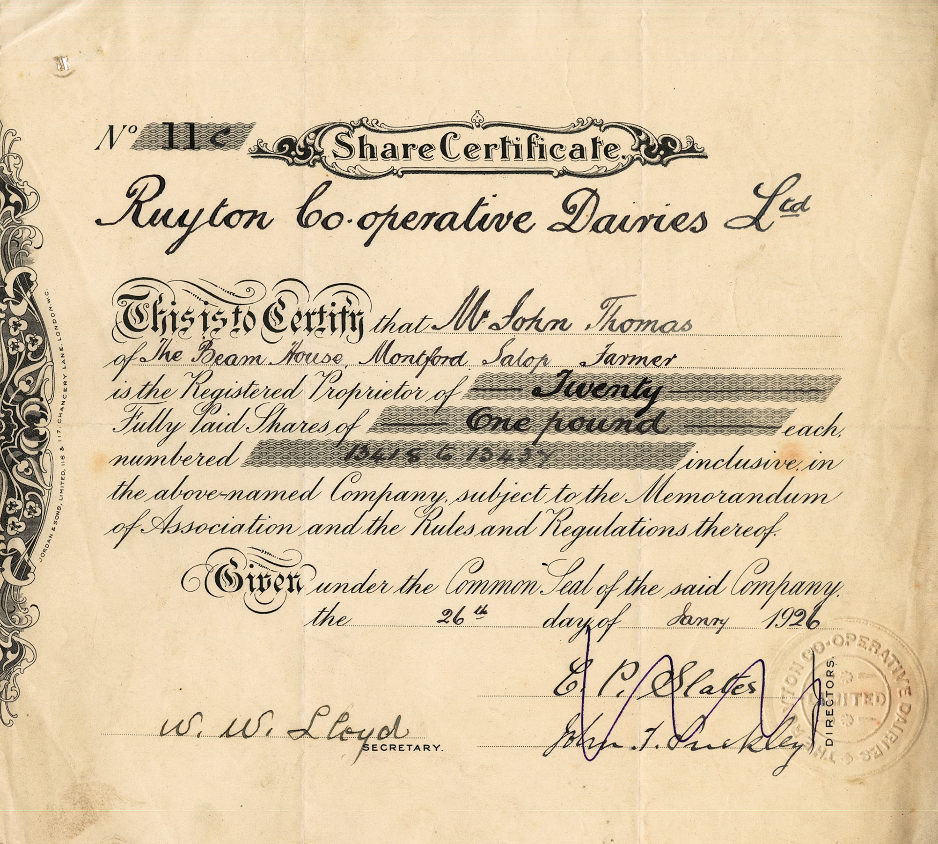 1926 Share Certificate-Mr John Thomas