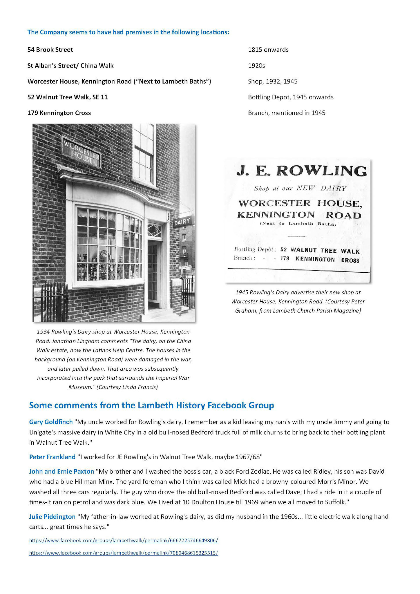 2026 Revised history of Rowling's Dairy, Lambeth (Express Dairy Tales publication)