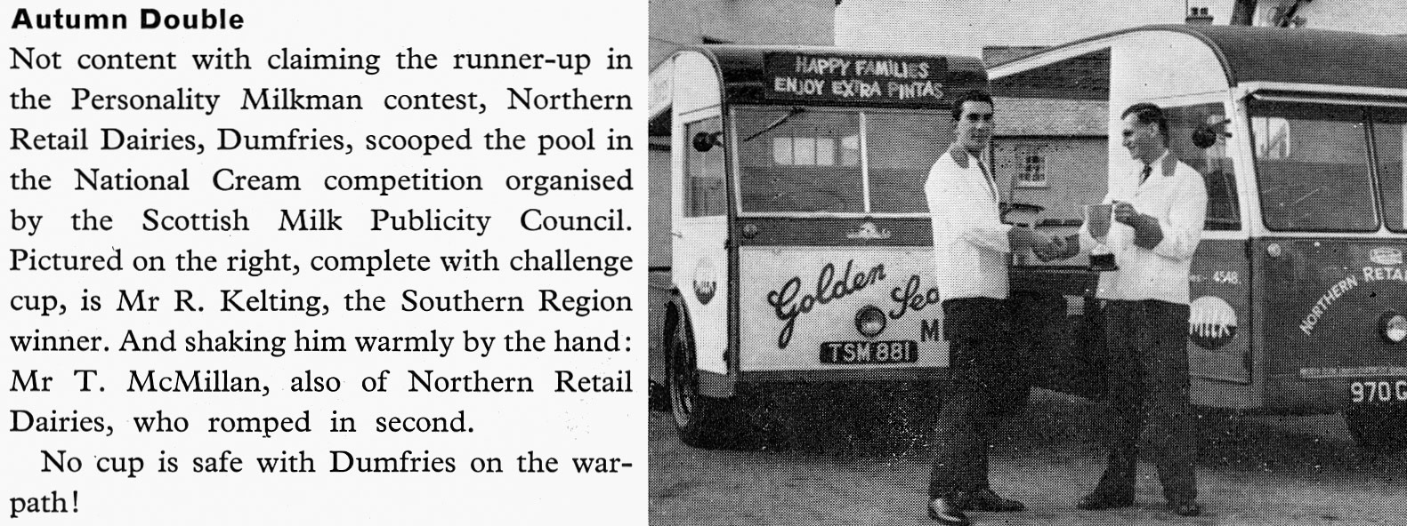 1963 Personality Milkman competition winners from Northern Retail Dairies, Dumfries-Mr. T. McMilland and Mr R. Kelting (holding the cup). (Express News Autumn)