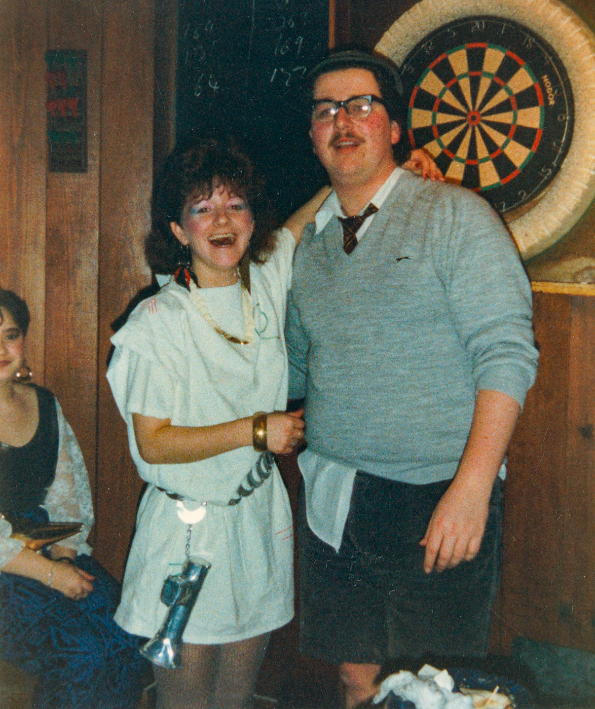 1988 Honiton staff (? &amp; Paul Dimond) celebrate the first Red Nose Day, Fountain Head Inn, Branscombe, Devon. (Courtesy Tim Pearce)