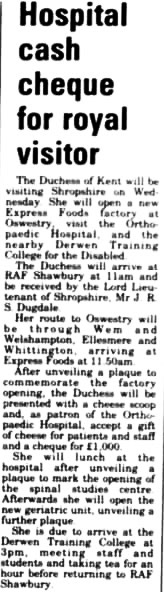 1987 Duchess of Kent visits Express Foods Oswestry. (Courtesy Shrewsbury Chronicle 30 October)
