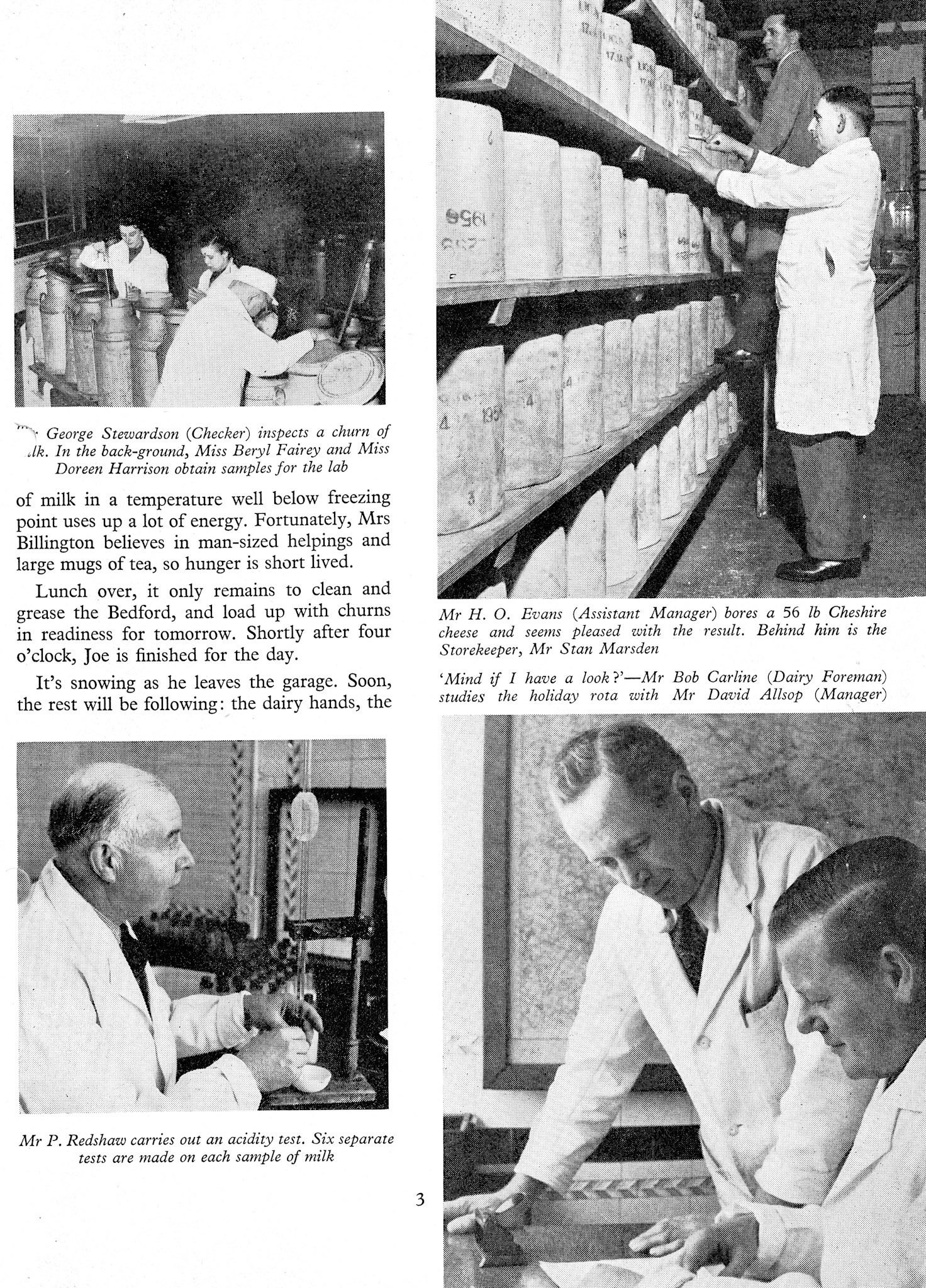 1956 Rowsley milk collection article featuring Milk Checker George Stewardson, Lab Assistants Beryl Fairey and Doreen Harrison, Assistant Manager H.O. Evans, and Dairy Foreman Bob Carline. (Express News April)
