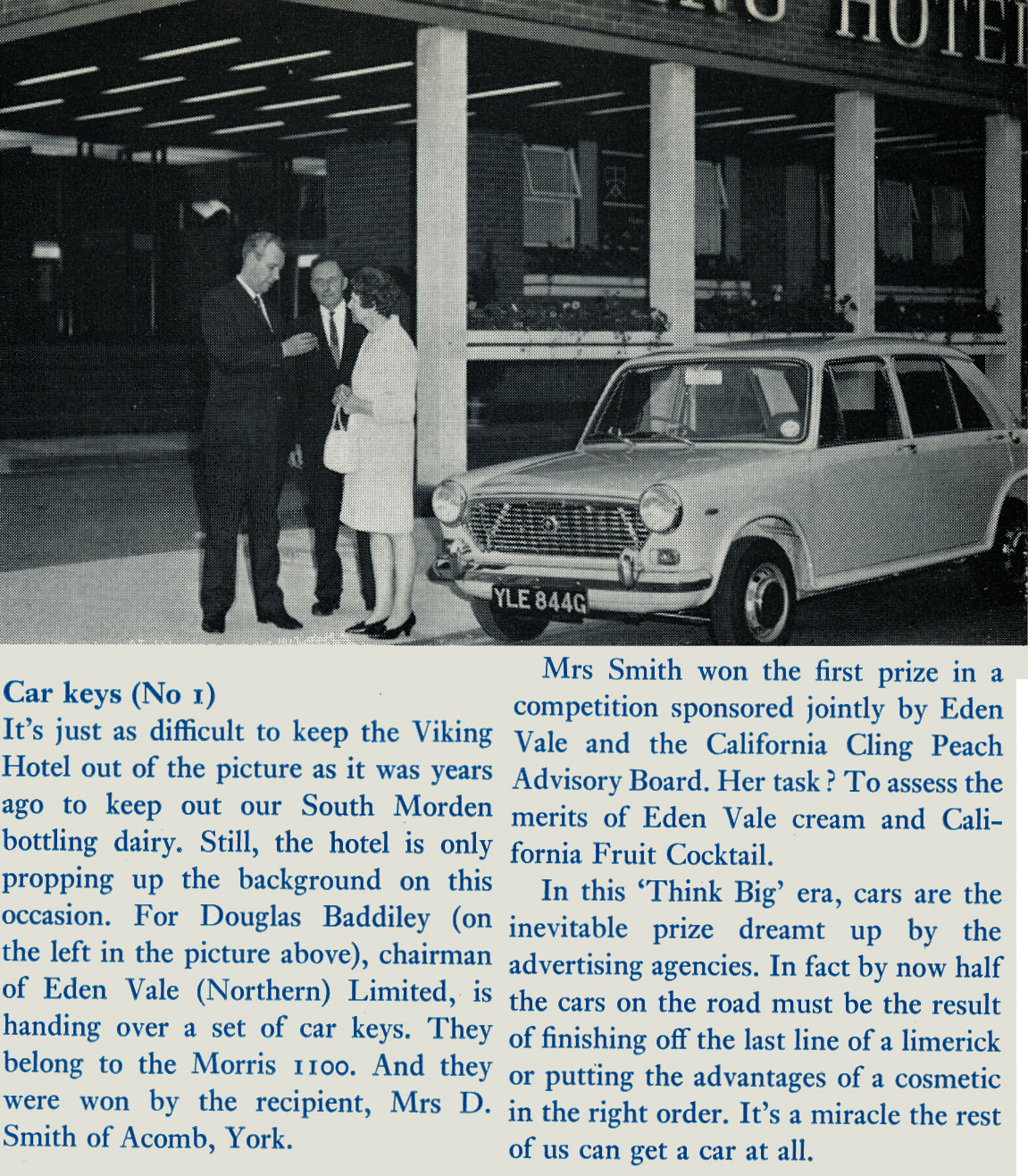 1969 Eden Vale Northern Chairman Douglas Baddiley presents the keys to a Austin 1100, as first prize in a competition. (Express News Autumn)
