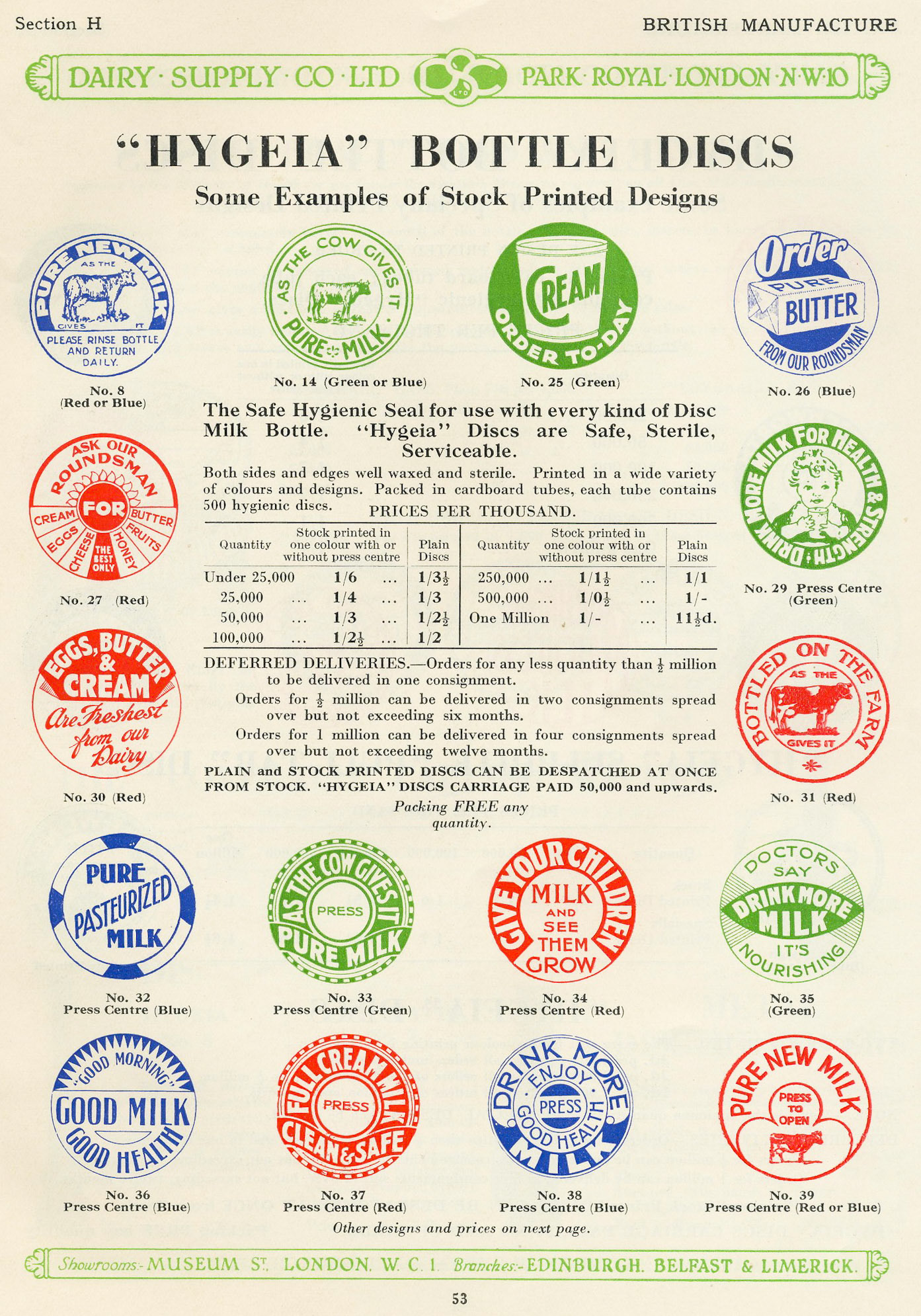 1900's Dairy Supply Company catalogue-Bottle Discs. After George Barham's death in 1913 the Dairy Supply Company was headed by Arthur Barham. (Courtesy Paul Smith)