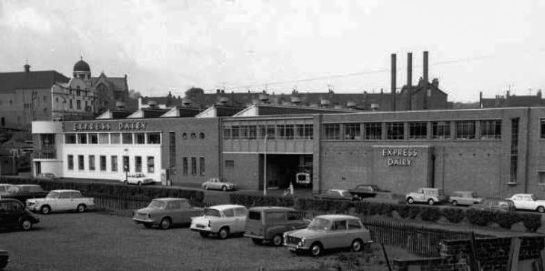 1970's Express Dairy (Northern) Ltd., Broadfield Road, Sharrow showing (top left) the rear of the Abbeydale Cinema. From The Ray Brightman exhibition collection. (Courtesy www.picturesheffield.com-rb00419)