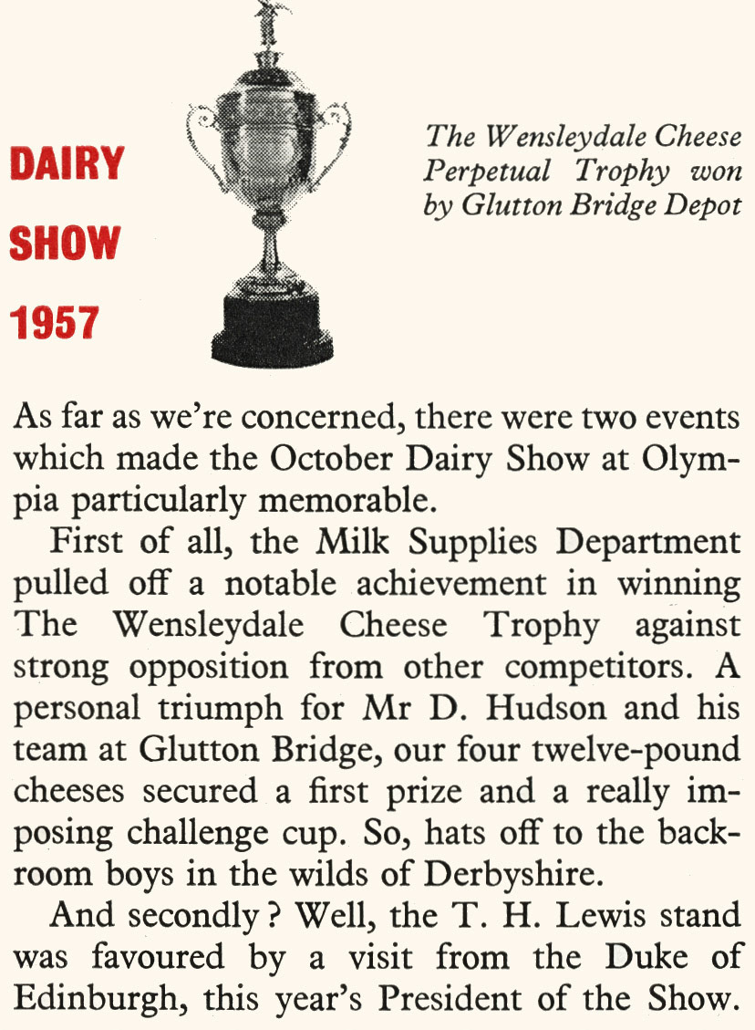 1957 Glutton Bridge win the Wensleydale Cheese trophy at the Dairy Show. (Express News March)