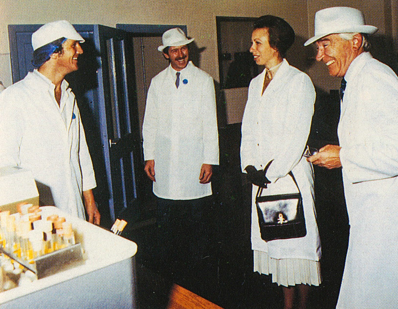 1985 Appleby laboratory durng Princess Anne's visit: David Rook, Steve Kirby, Bill Lockhart