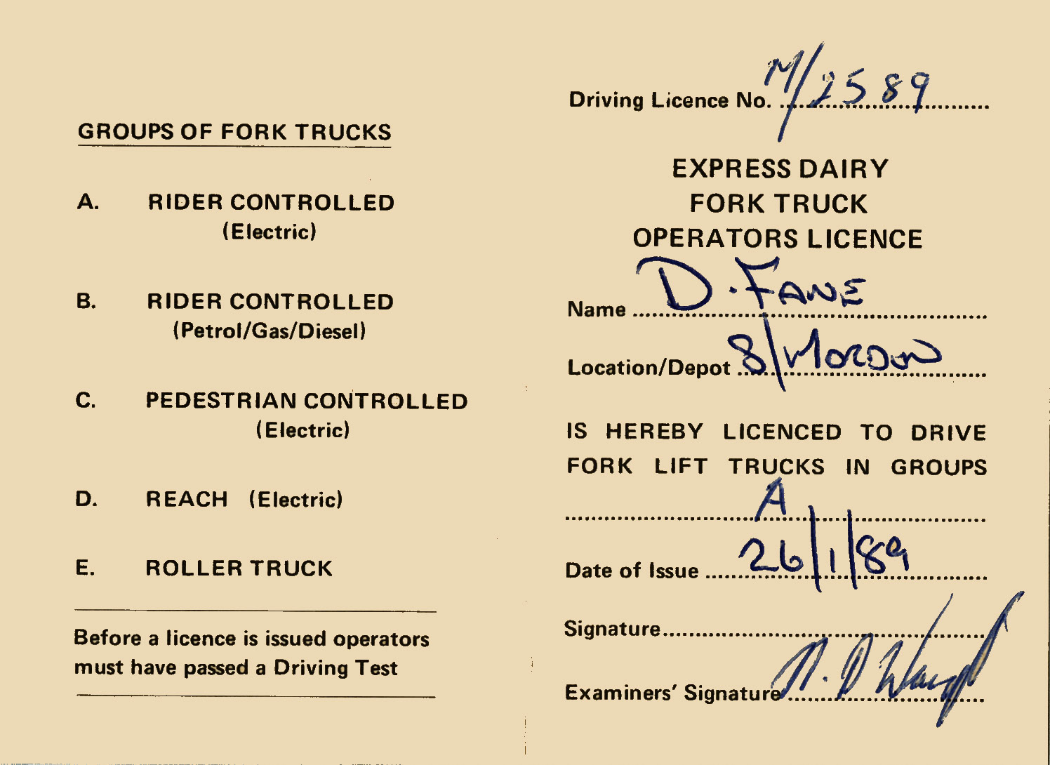 1989 Fork Lift Truck Licence, Dave Fane (Courtesy Dave Fane)