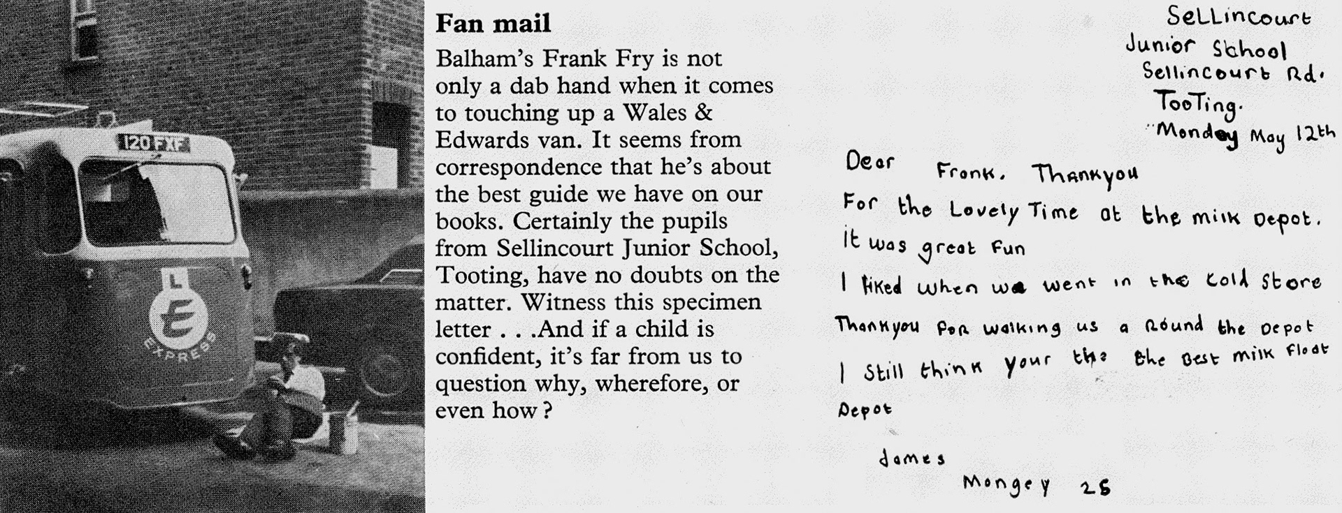 1975 Balham's Frank Fry is thanked by pupils from Sellingcourt Junior School, Tooting. (Express News Christmas)