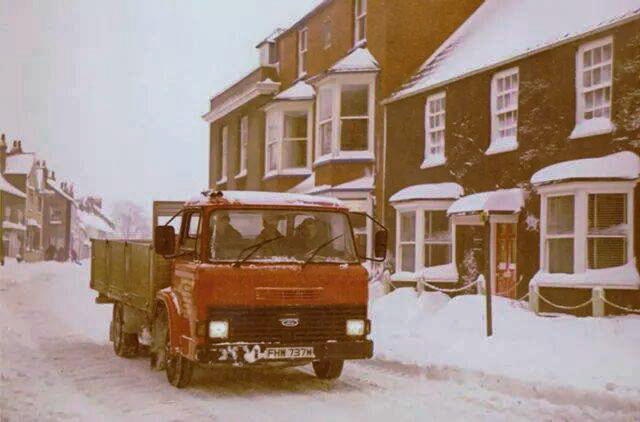 1982 Thornbury High Street, Clifford's Dairy truck. Grantley Kingscott, whose picture this is, tells that the milk tankers were towed to the dairy by tractors, and they were selling milk in the big car park that winter. Steve Tyersadds "That's me in the passenger seat and Graham Patterson driving" (Courtesy Grantley Kingscott, Thornbury retro history FB Group)
