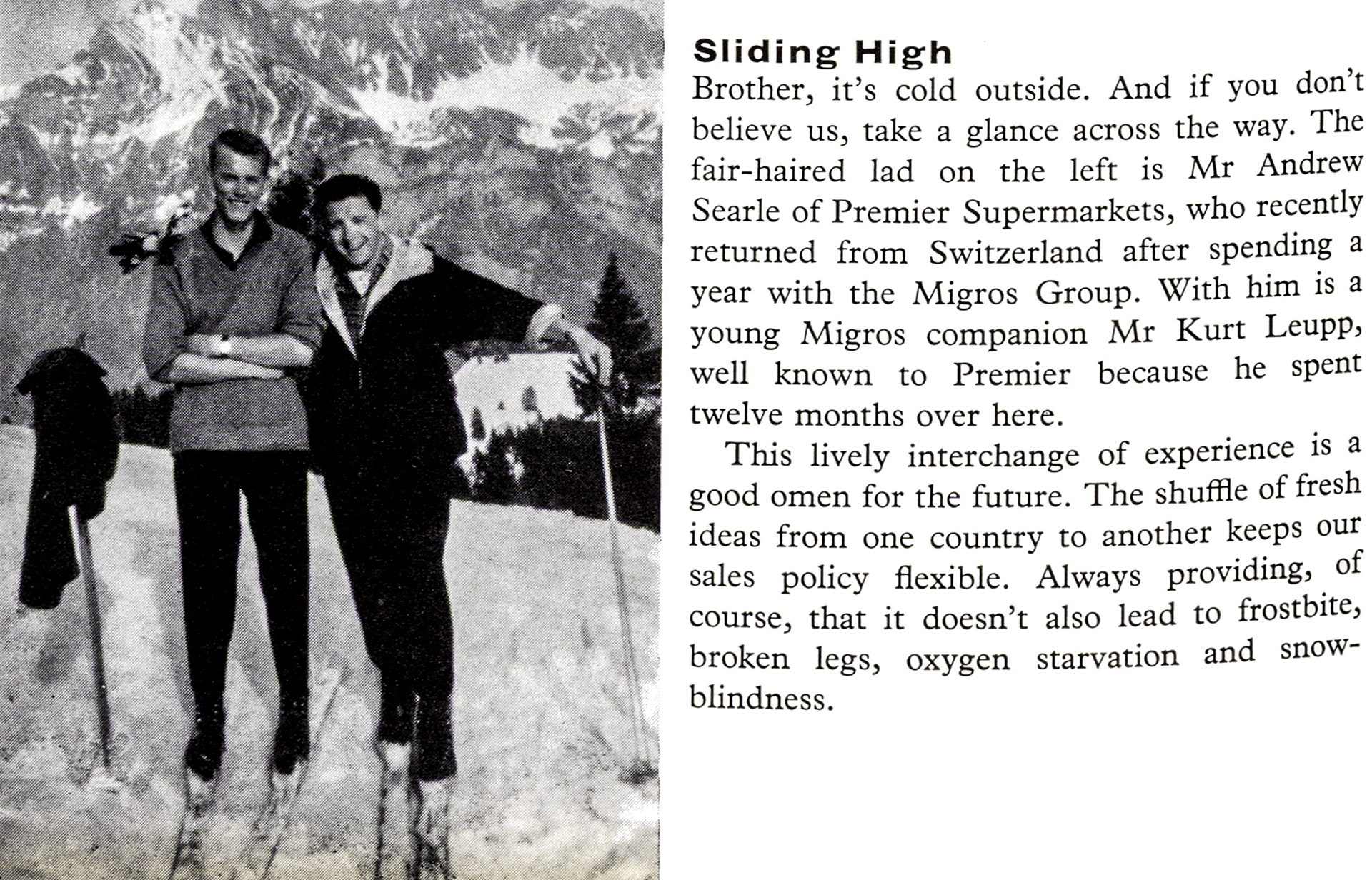 1961 Premier Supermarkets exchange students Andrew Searle and Kurt Leupp, in Switzerland. (Express News Autumn)