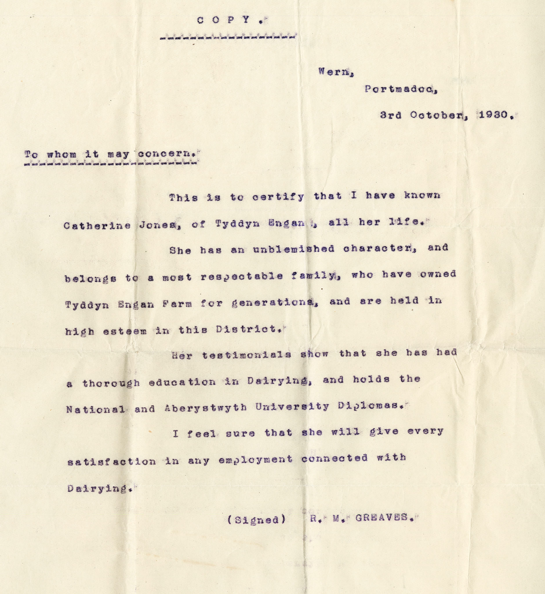 1930 Ruyton Co-operative Dairies-Cheesemaker Job Applications-Miss Catherine Jones