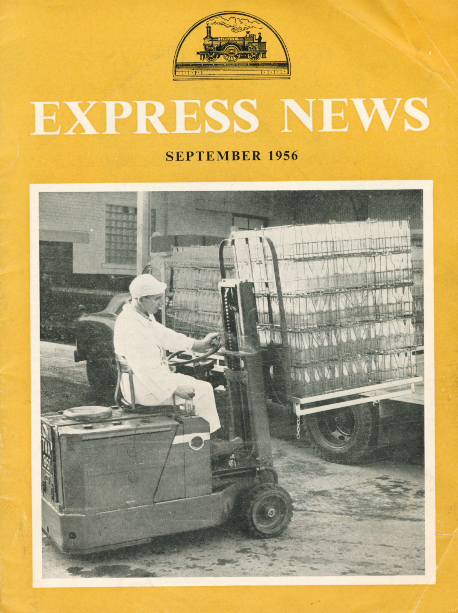 1956 Express News - September Front Cover-Dewsbury-A modern fork-lift truck helping to speed the turn round of vehicles at Dewsbury
