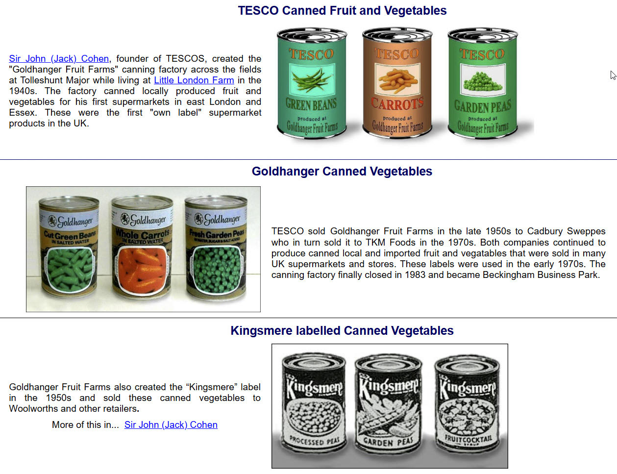 1990's Examples of canned vegetables from Goldhanger, Tesco, Kingsmere and Goldhanger labels. (Courtesy Goldhanger virtual museum)