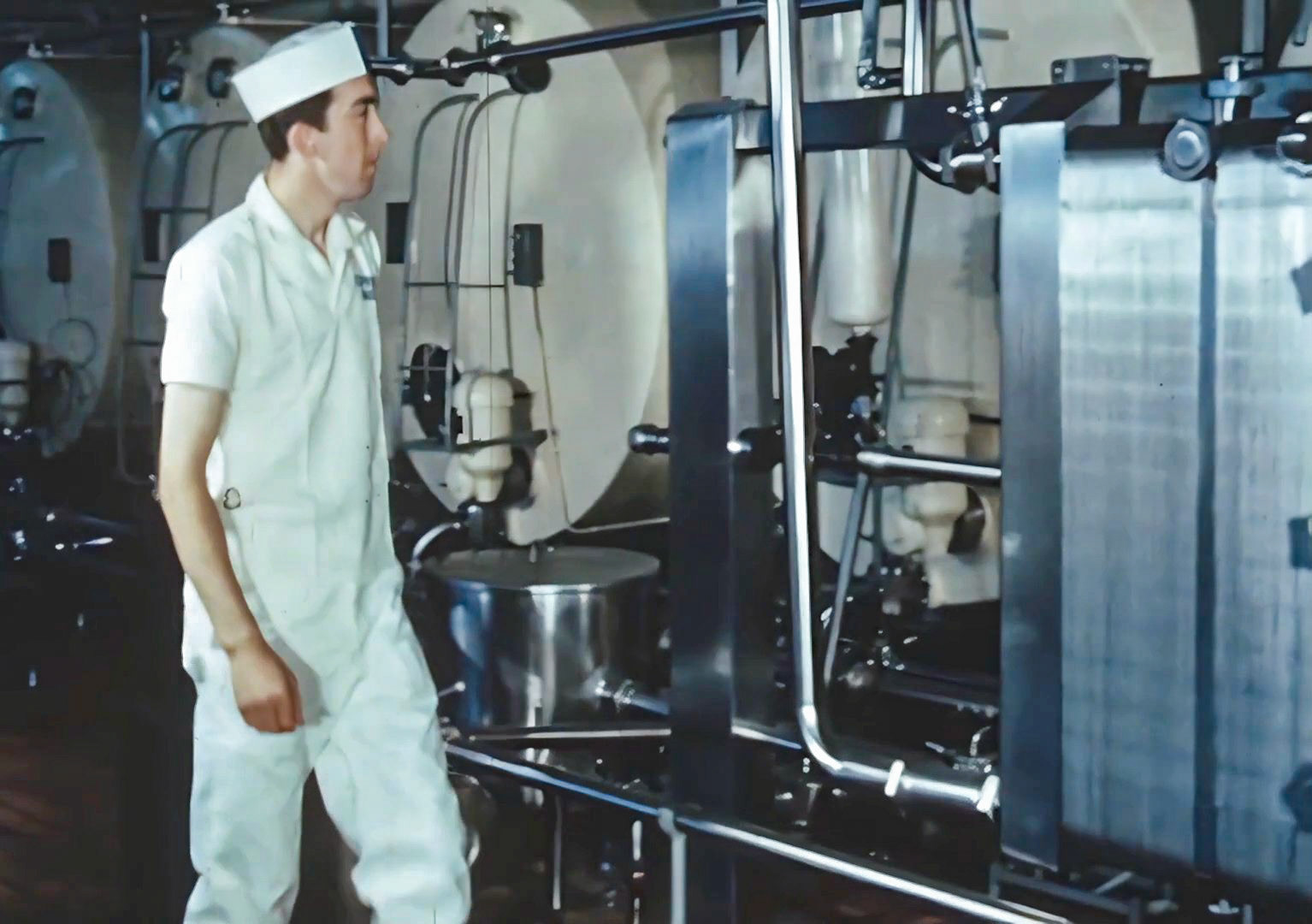 1960s Appleby. Glyn Williams comments "I used to visit there in the late 1980s-early 1990s, I remember the Chief Engineer, tall chap Charles Hetherington (name confirmed by Steven Little) (Still from 'The Art of English Cheesemaking' video)