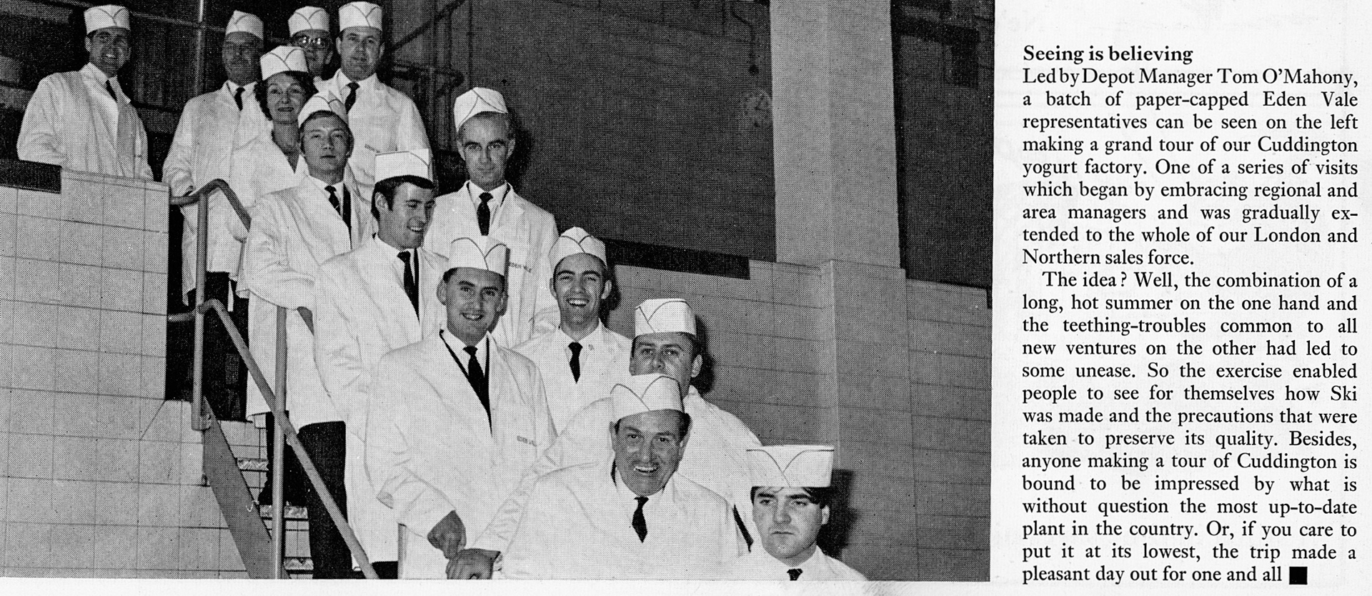 1970 Cuddington Eden Vale factory visit led by manager Tom O'Mahony.