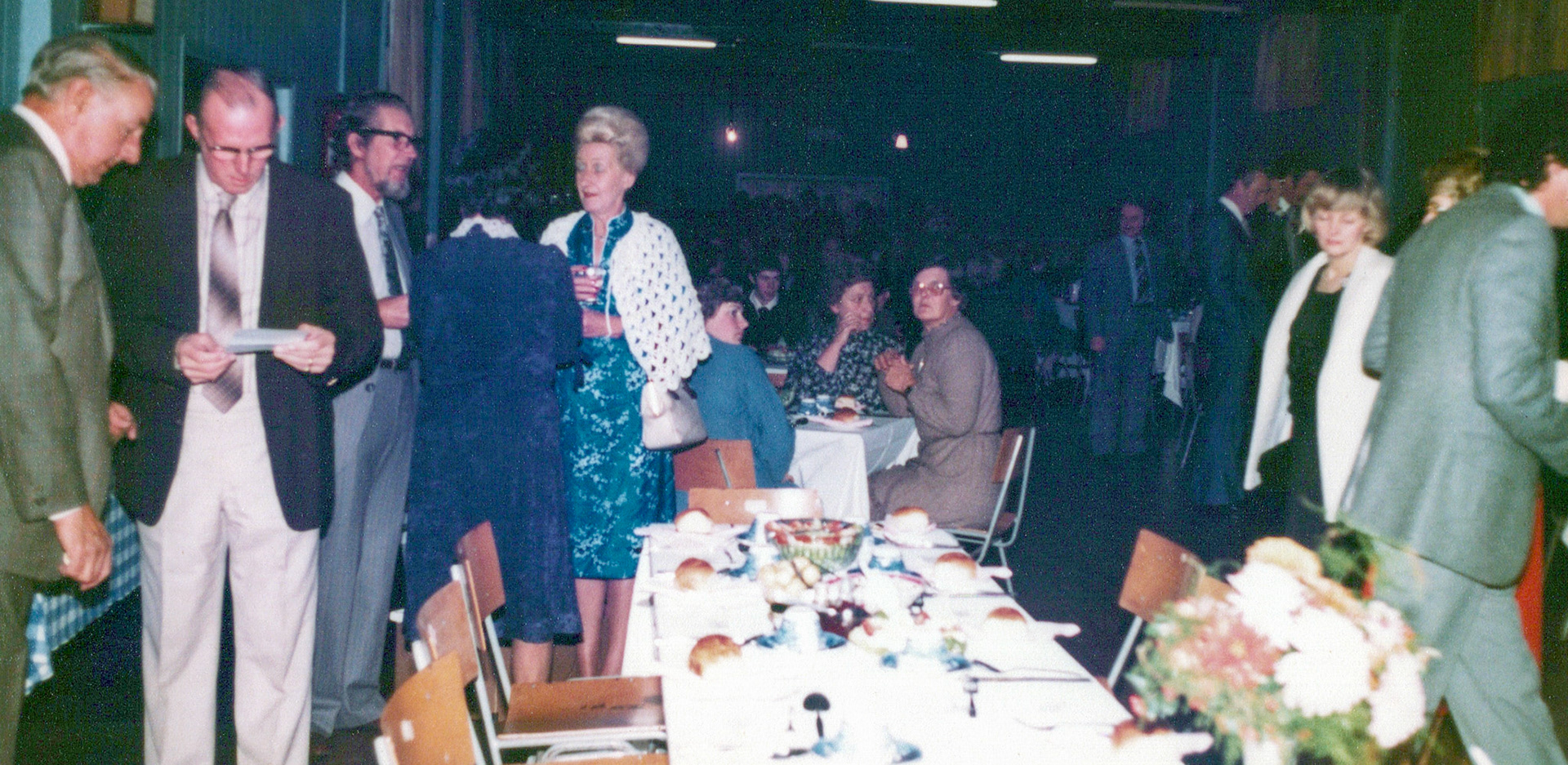 1980's Minsterley Bowling Club. Marion Davies comments "Bob Jones, Burt Evans, Tom Wall, Jean Wall, I think it was one of our dinners in the parish hall" (Courtesy Joe Lyons)