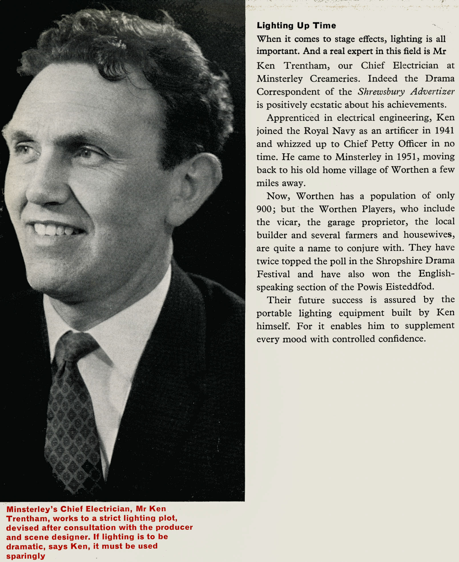 1965 Ken Trentham, Chief Electrician at Minsterley, does stage lighting for the Worthen Players. (April Express News)