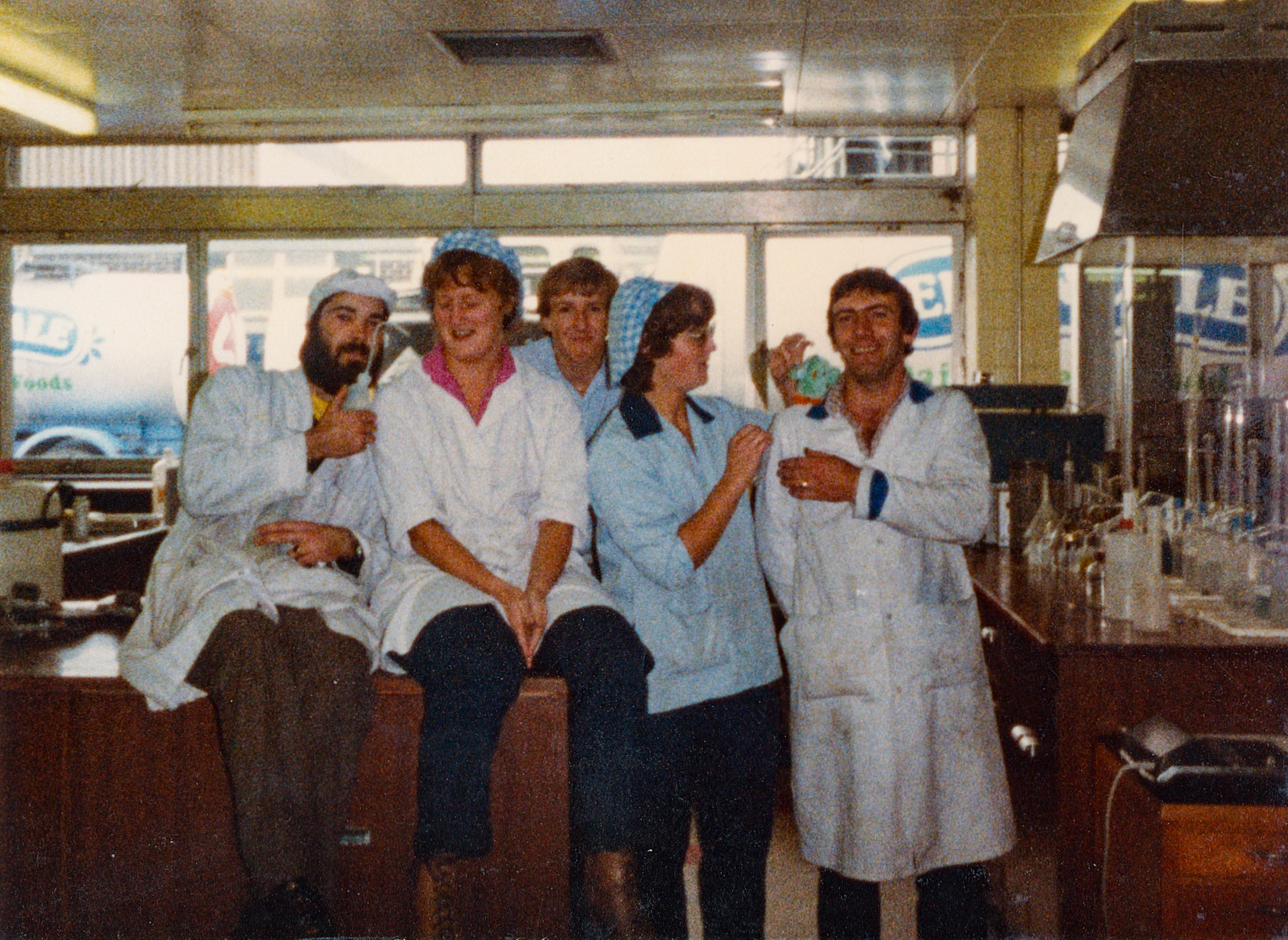 1983 Honiton Laboratory, L-R Tim Pearce, Sue Pavey, Simon Rice, Anne Seward, Derek Carter (Courtesy Wendy Hawker)
