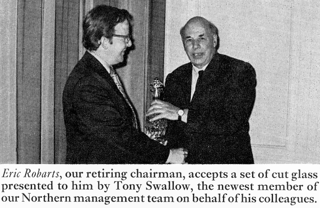 1973 Eric Robarts receives a cut glass decanter from Tony Swallow. (Express News Summer)