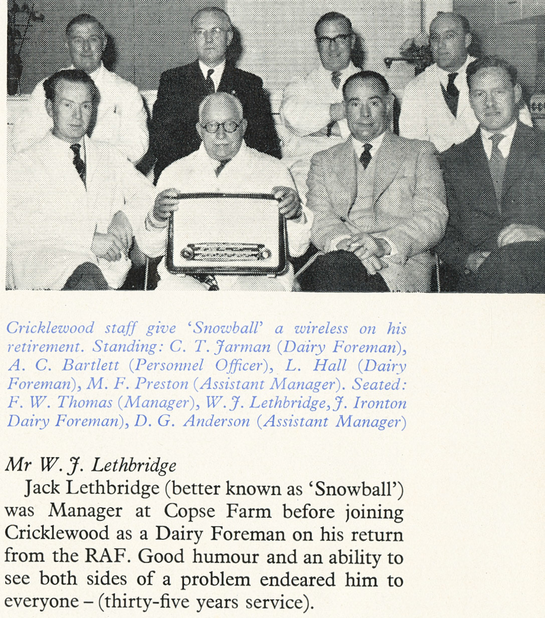 1958 Jack 'Snowball' Lethbridge retires from Cricklewood dairy after 35 years