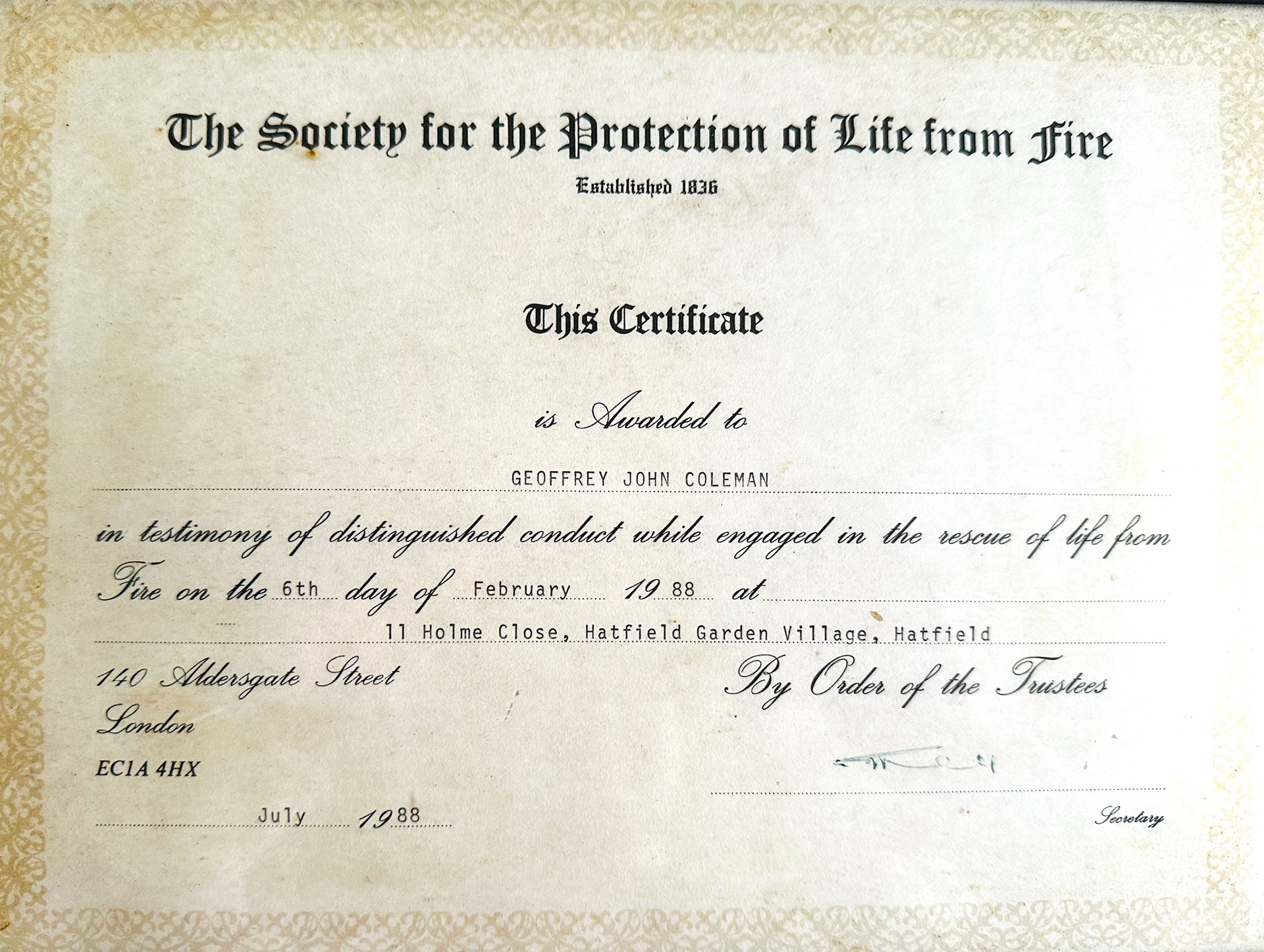 1988 Welwyn Garden City milkman Geoff Coleman's bravery award. (Courtesy Geoff and Toby Coleman)