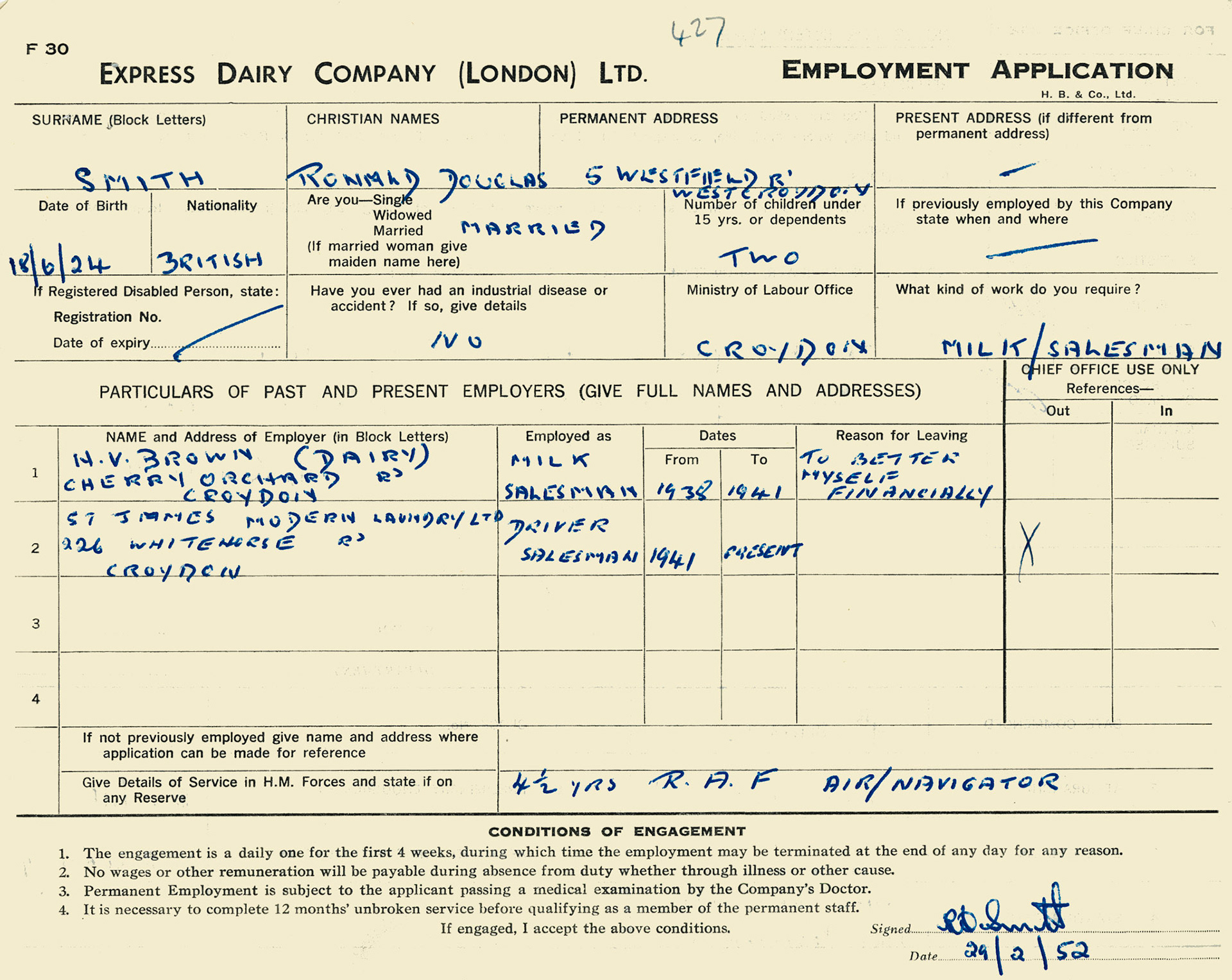 1952 Employment application as milkman by Ronald Smith, previously employed by H.V. Brown as a milk salesman, employed by Express at Norbury Depot. (Courtesy Mark Hudson)