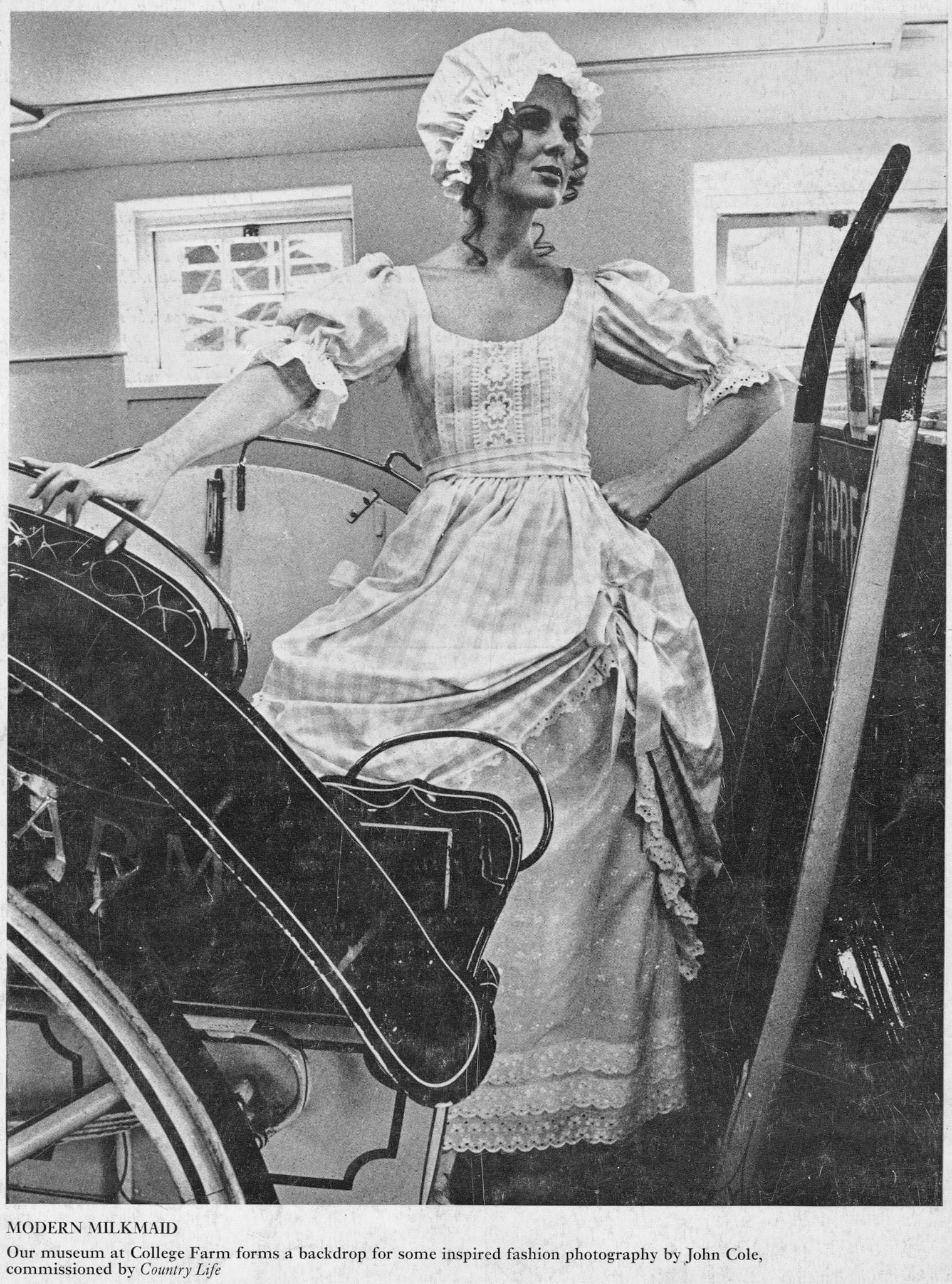 1970 College Farm museum as backdrop for fashion photography by John Cole, commssioned by Country Life