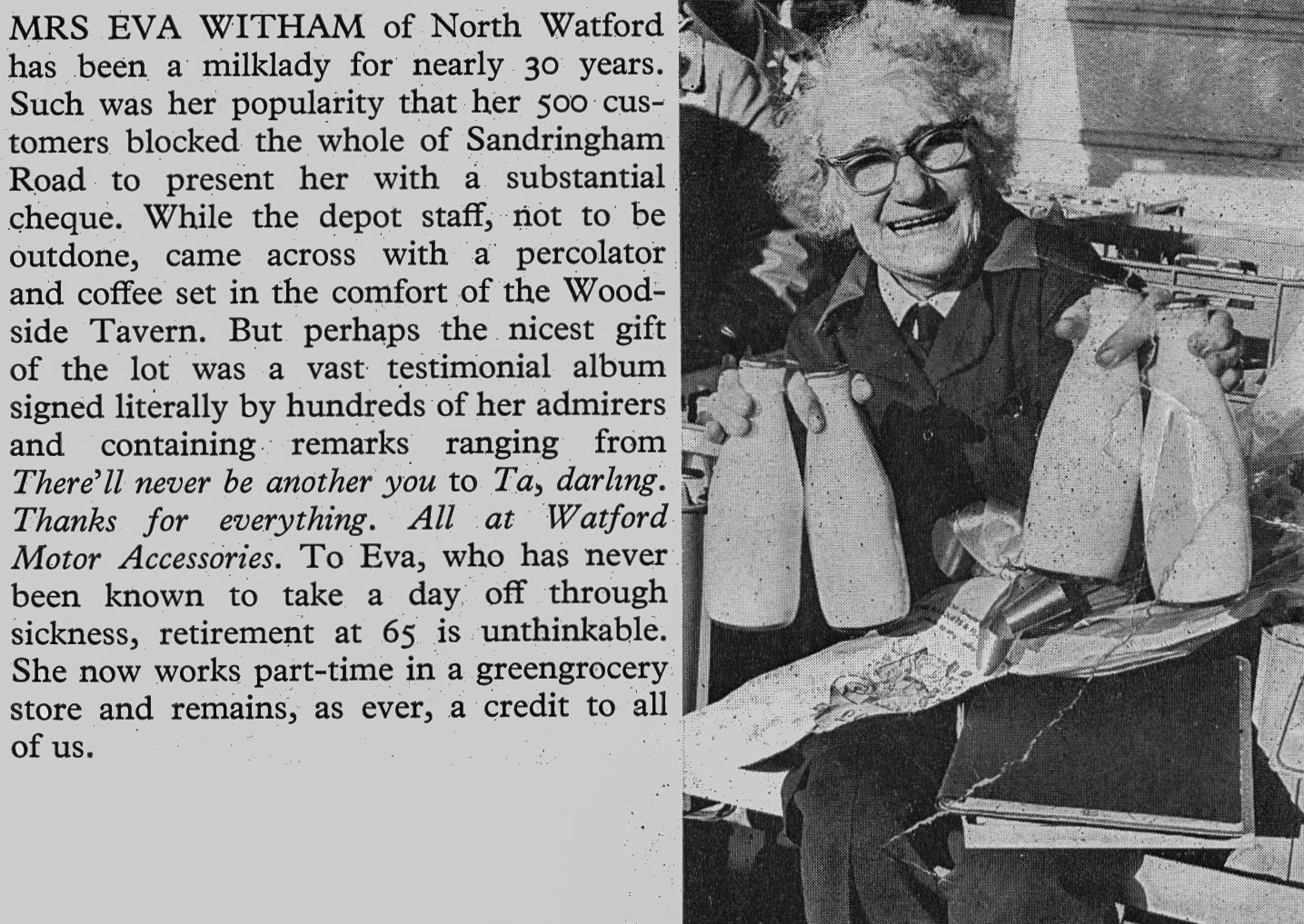 1976 North Watford milk lady Mrs Eva Witham retires from Express after 30 years, at age 65. John Buckingham comments "Aunty Eva... I was her milk boy ❤️". Colin Bull adds "Lovely Lady EVA..." (Express News Summer)