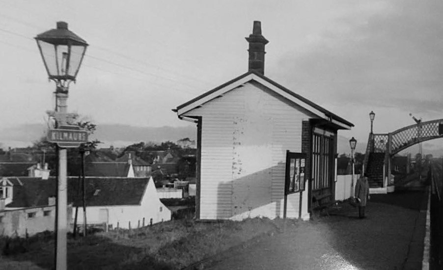 1970s? Kilmaurs railway station, before re-reopening in 1984. It was originally opened in 1873, closed in 1966. J John Buchanan MacGilp comments "My great grandfather John McGilp moved to Kilmaurs in the late 1920s/early 1930s to work for the railway. They lived on Crosshouse Road on the land the other side of the railway line from the Industrial estate (at that time creamery)." (Courtesy J John Buchanan MacGilp)