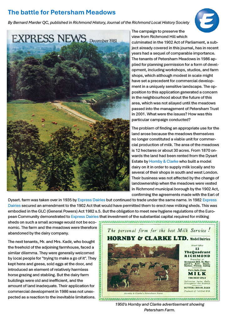 2024 'The battle for Petersham Meadows', Express Dairy Tales publication from https://www.richmondhistory.org.uk/