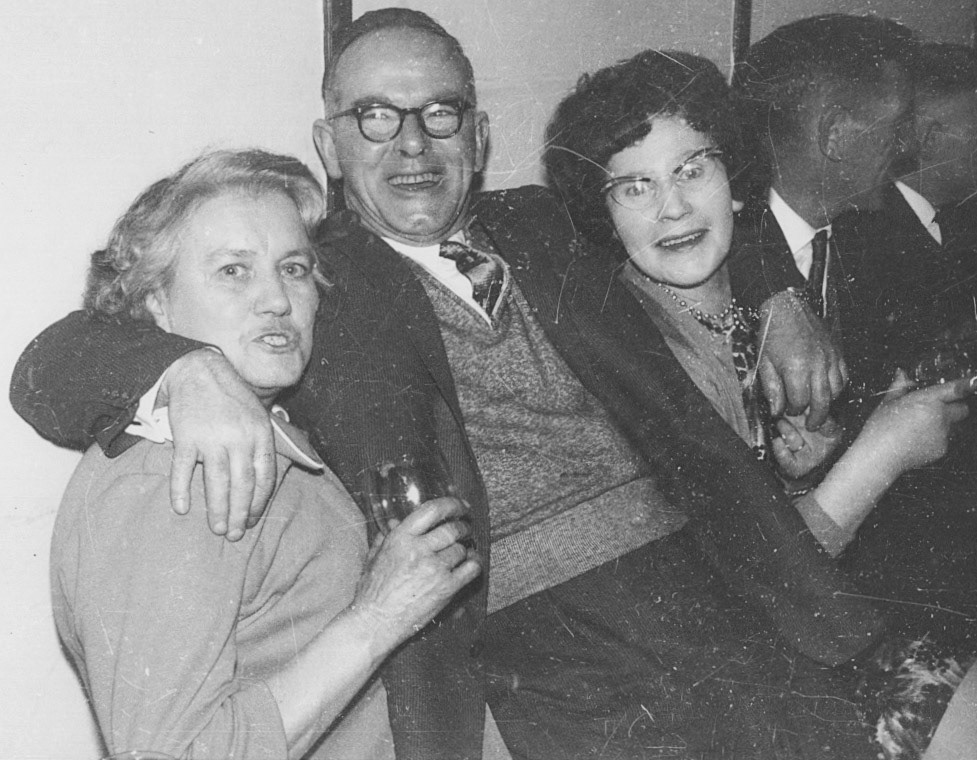 "Mrs Gray, Tom Povey, Charlotte" Patrica Purslow identifies Mr Povey. Monica Corfield identifies Charlotte Challinor, with glasses. (Joe Lyons Collection)