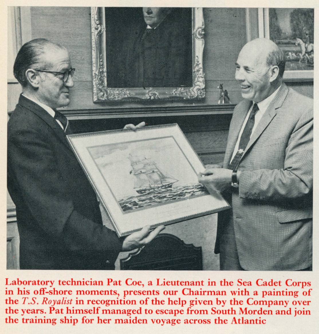 1971 Lab Technician Pat Coe presenting a painting the the Express Dairy Chairman