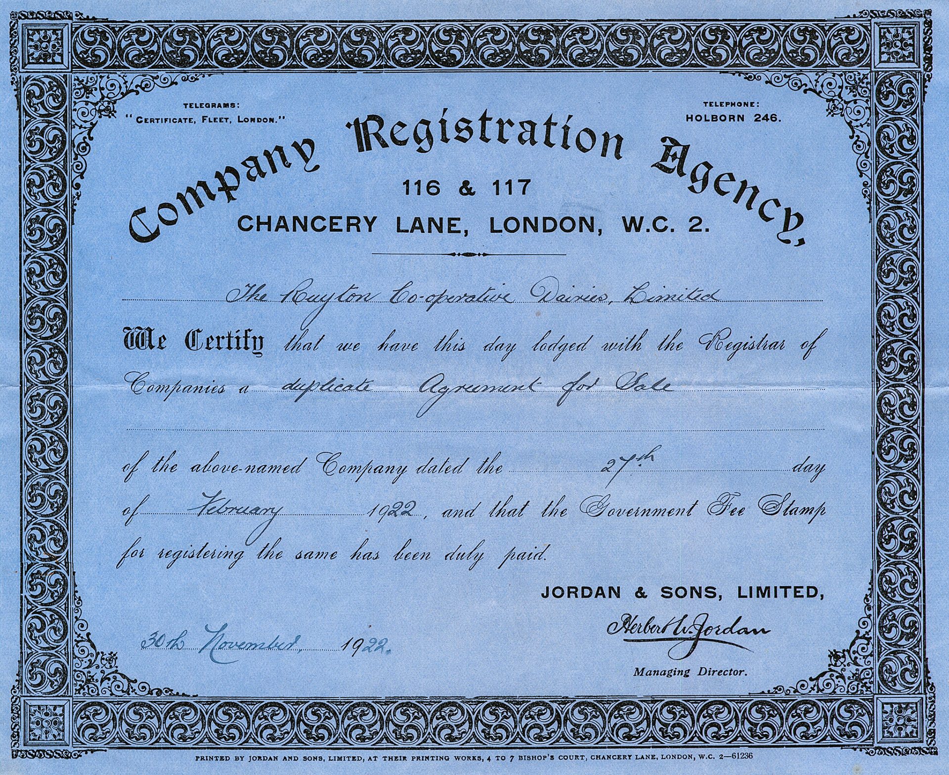 1922 Registration of Ruyton Co-operative Dairies Limited as a public company.